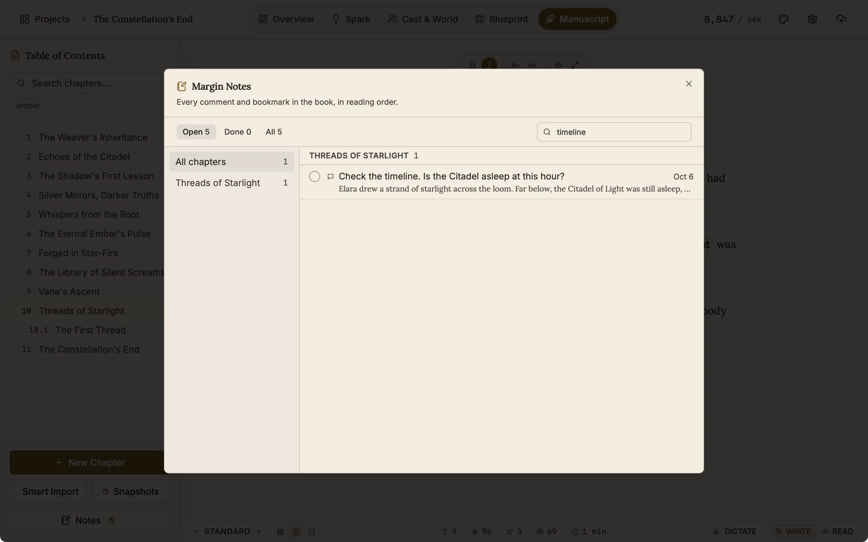The Notes dialog with a word typed in the search box and the matching notes listed.