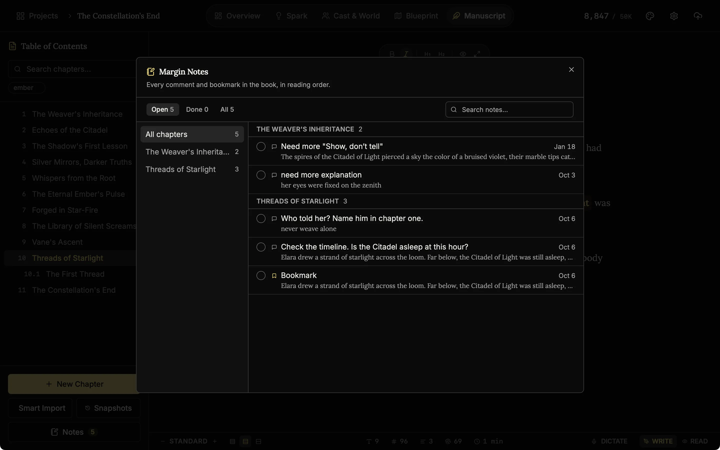 The Notes dialog listing every comment and bookmark in the book in reading order, with the chapter each one is in.