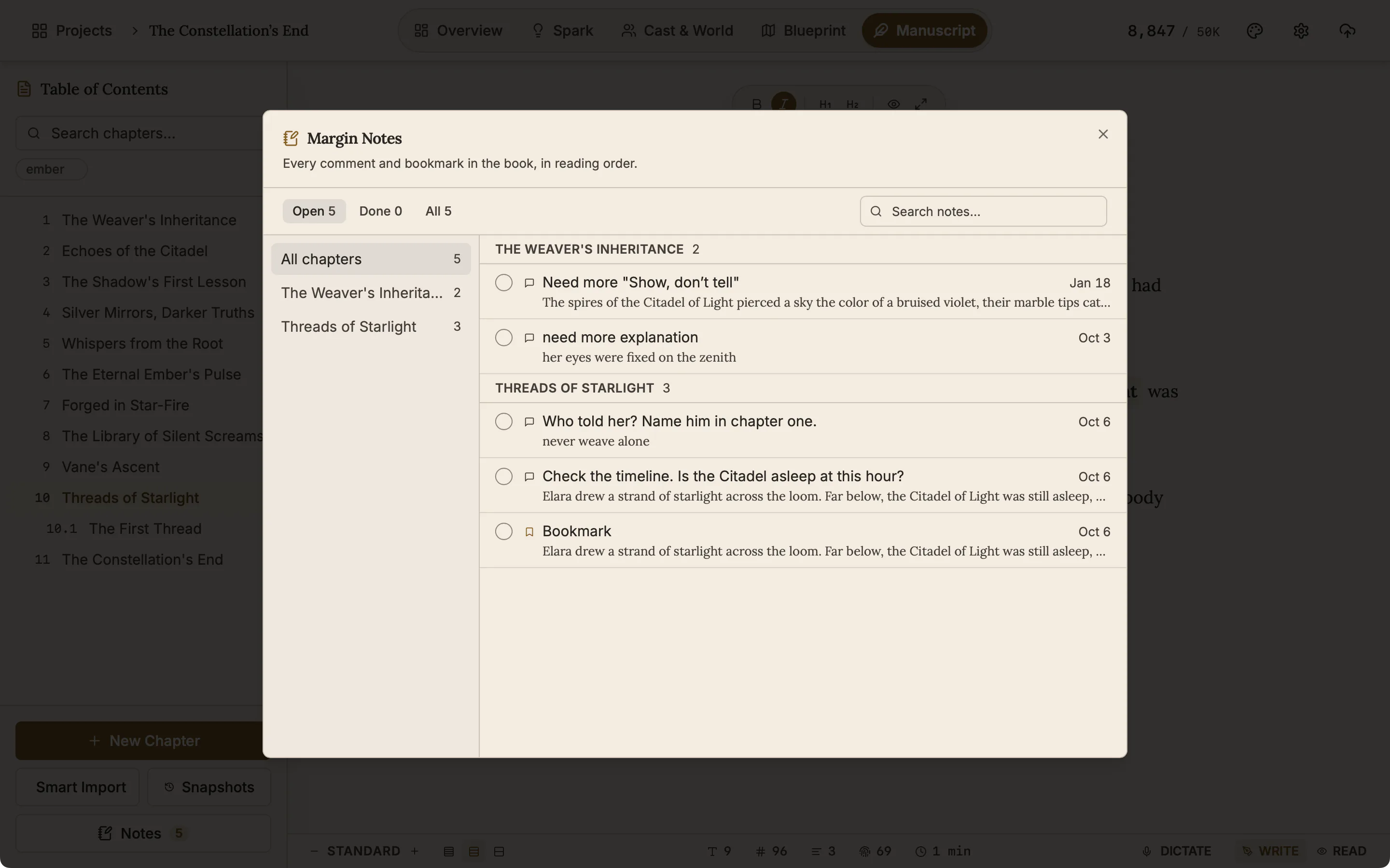 The Notes dialog listing every comment and bookmark in the book in reading order, with the chapter each one is in.