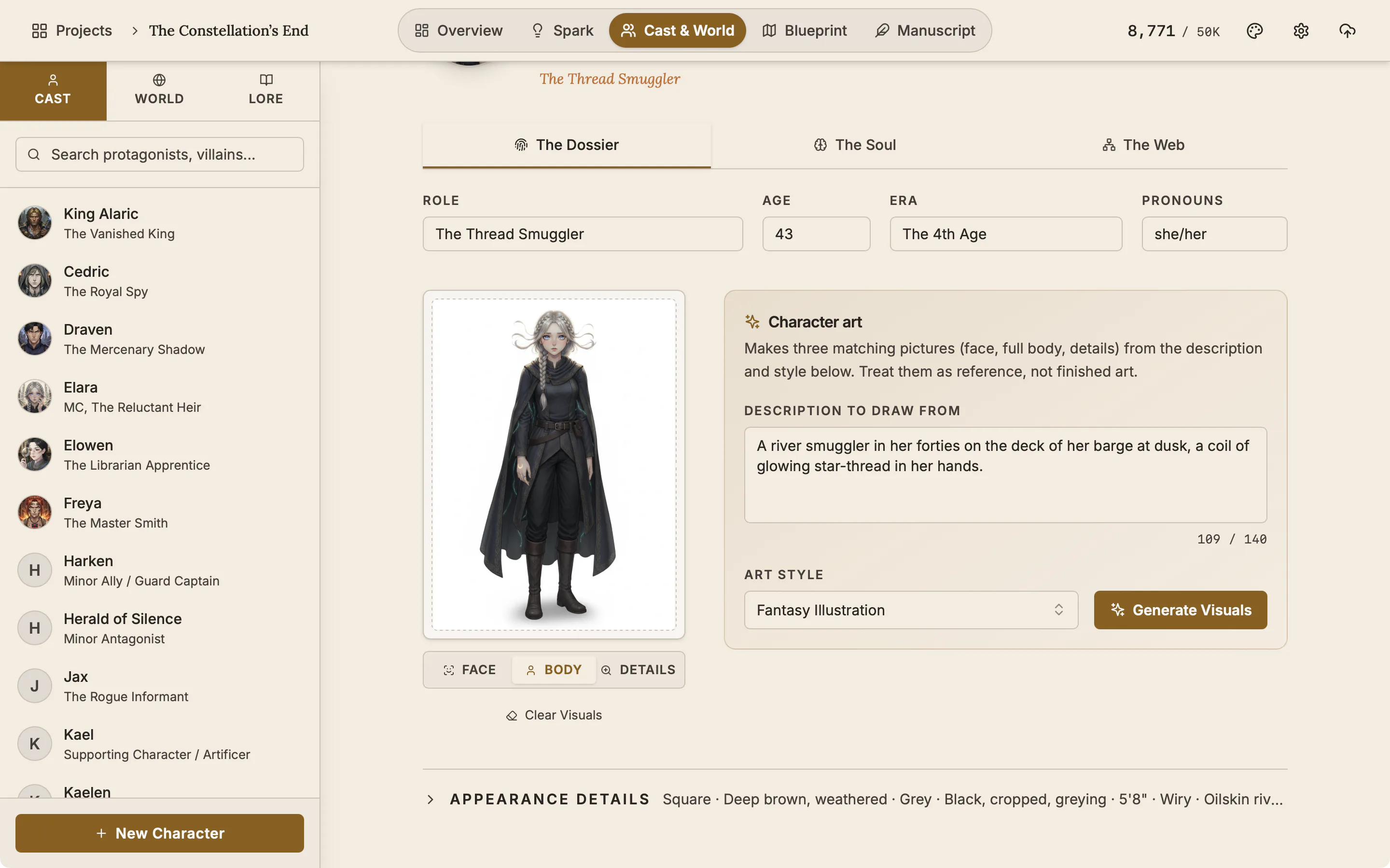 A character dossier showing a full-figure picture of the character, with Face, Body and Details buttons under it.
