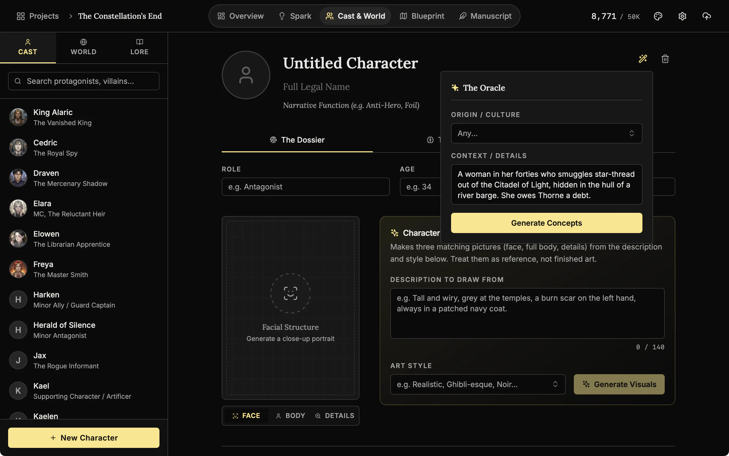 The Oracle panel open over a new character, with a short description typed in and a Generate Concepts button.