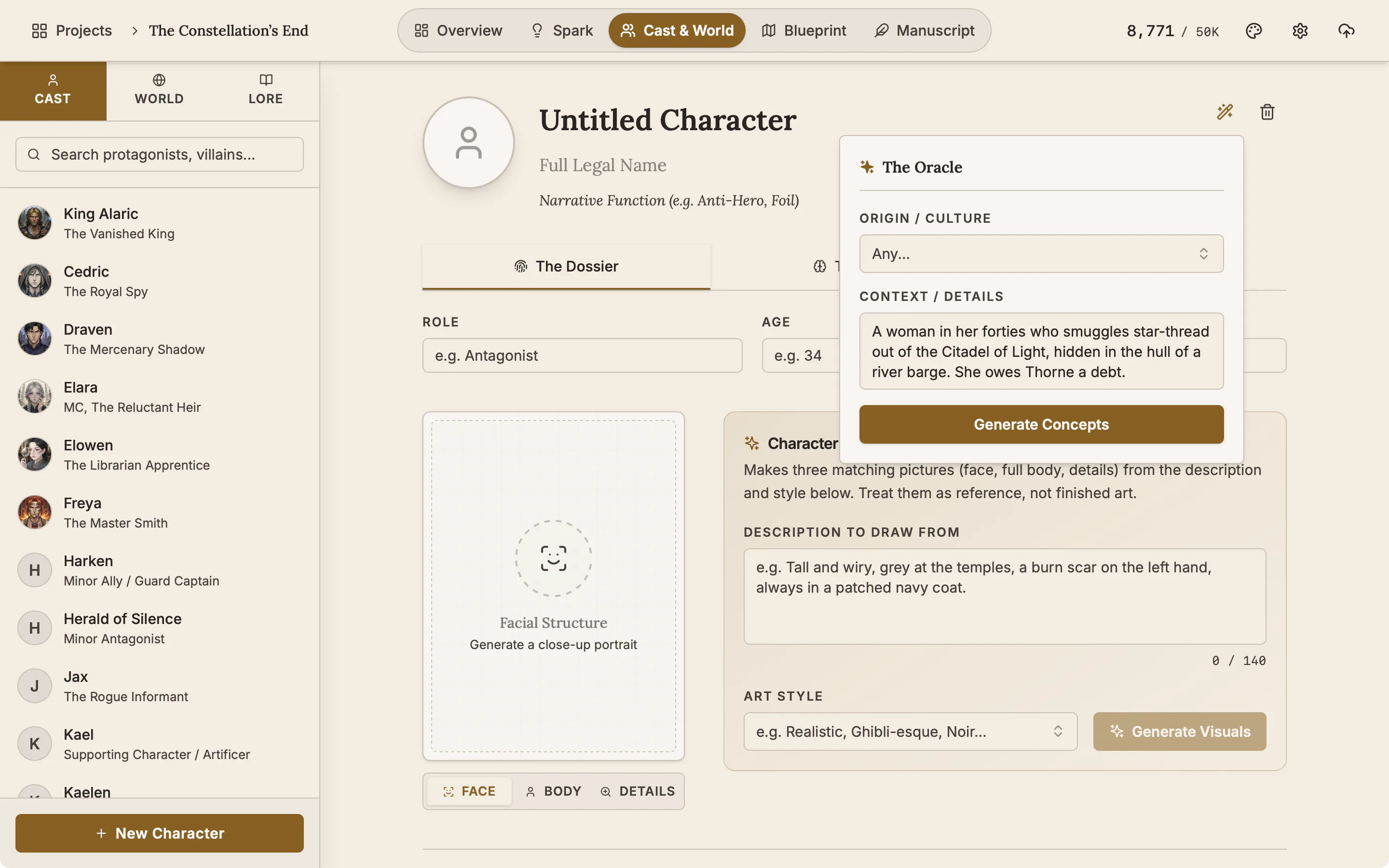 The Oracle panel open over a new character, with a short description typed in and a Generate Concepts button.