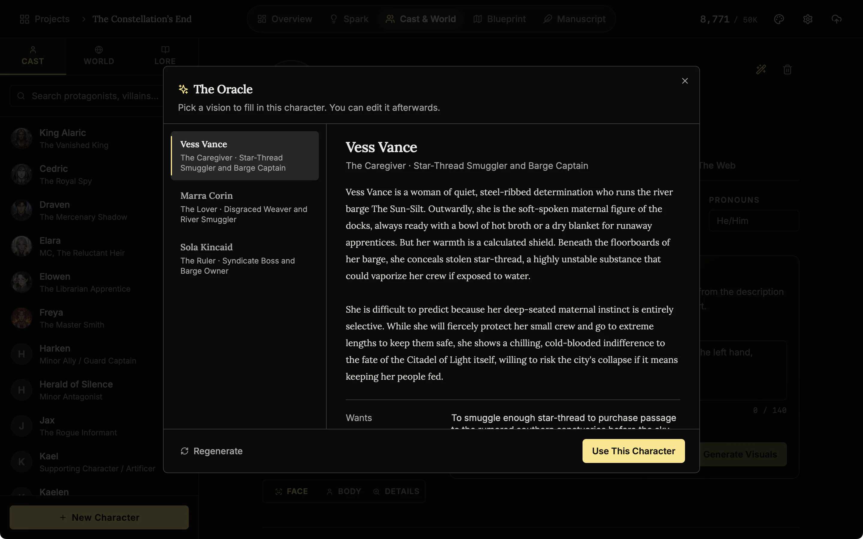 The Oracle results window with three suggested characters listed on the left, the first one selected, and its description on the right above the Use This Character button.