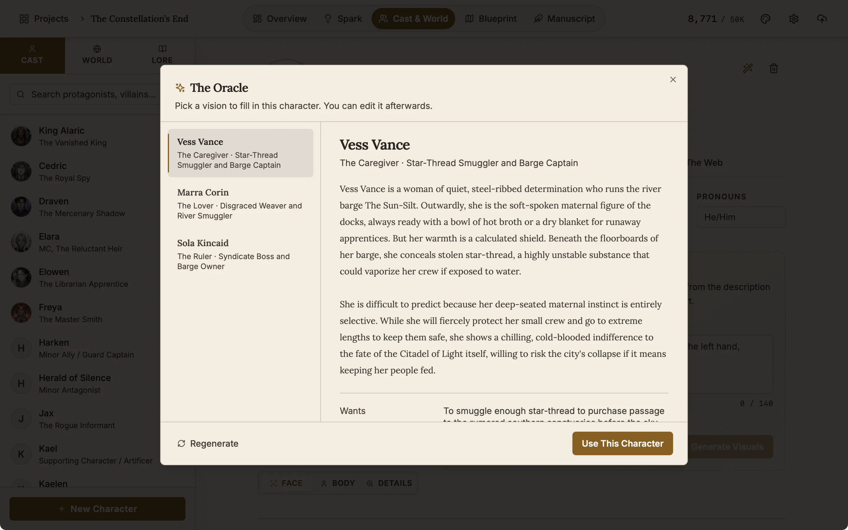 The Oracle results window with three suggested characters listed on the left, the first one selected, and its description on the right above the Use This Character button.