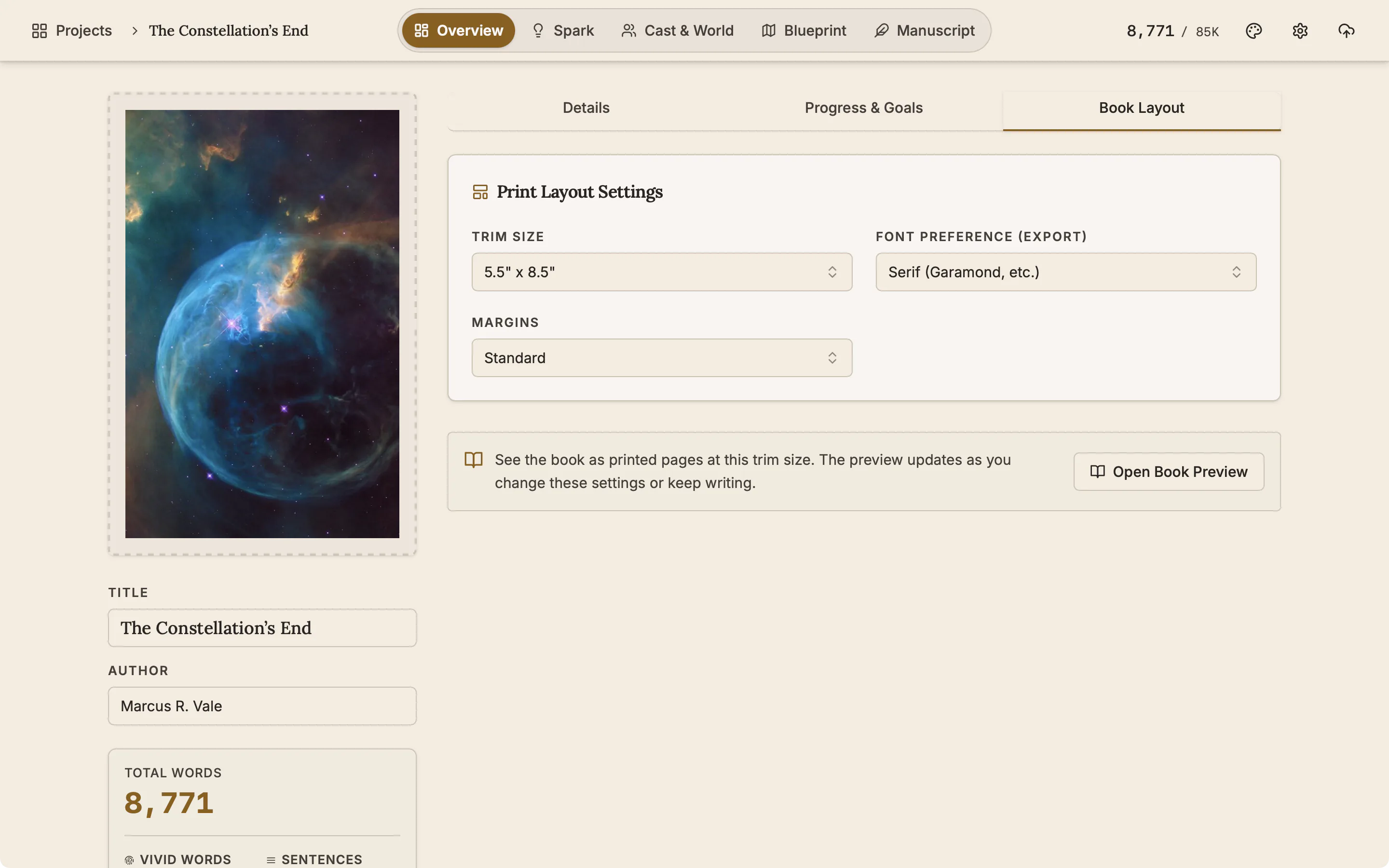 The Book Layout tab with trim size, margins and book font options and the Open Book Preview button.