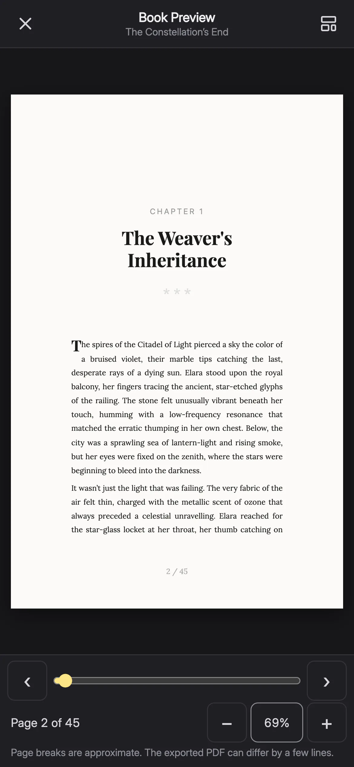 The Book Preview on a phone showing page 2 of 45, the opening of chapter one as a printed page, with page and zoom controls along the bottom.