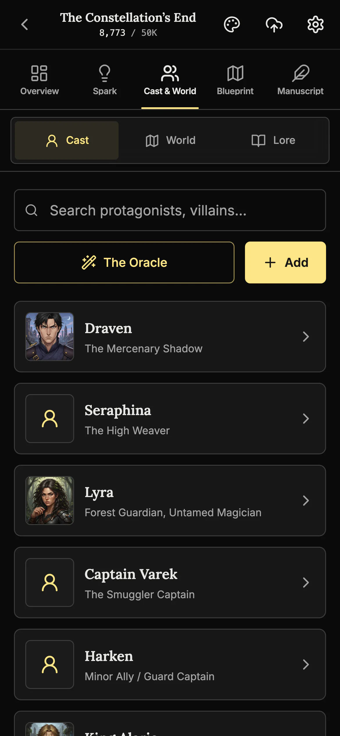 The Cast list on a phone with tabs for Cast, World and Lore, a search box, The Oracle and Add buttons, and character rows with portraits and roles.