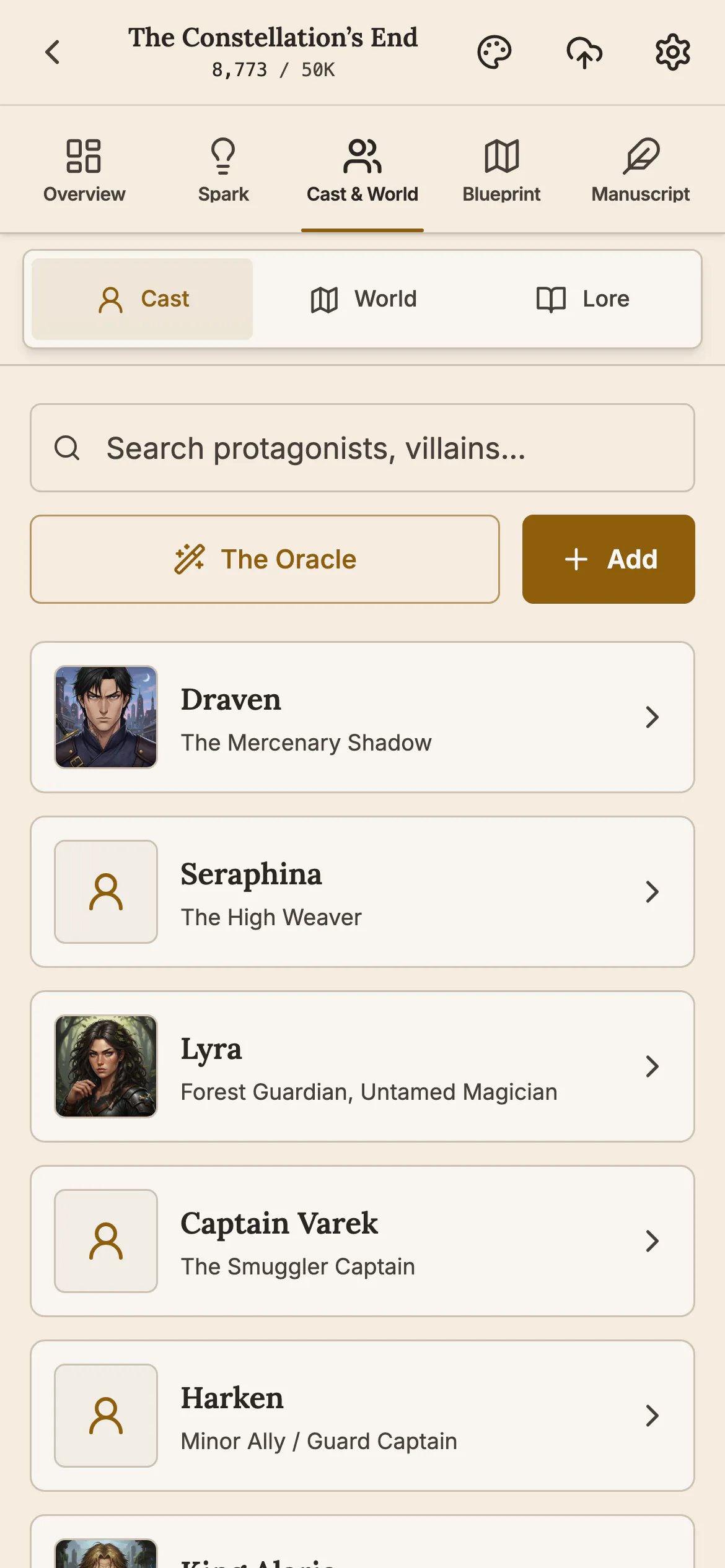 The Cast list on a phone with tabs for Cast, World and Lore, a search box, The Oracle and Add buttons, and character rows with portraits and roles.