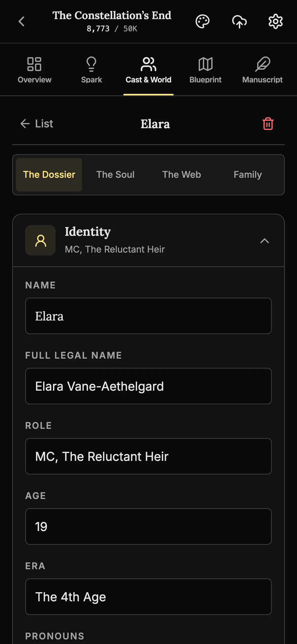 The character Elara open on a phone, on The Dossier tab, with fields for name, full legal name, role, age and era.