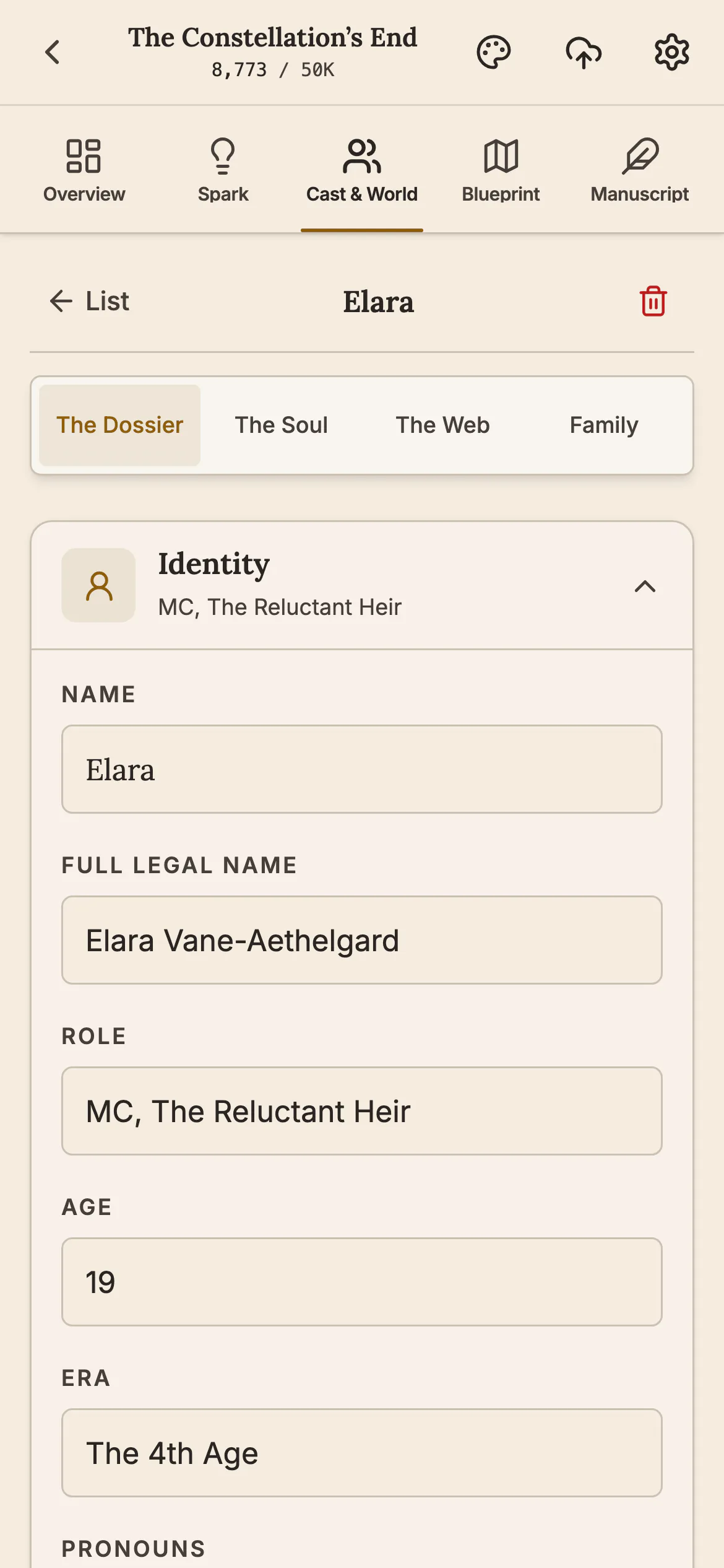 The character Elara open on a phone, on The Dossier tab, with fields for name, full legal name, role, age and era.