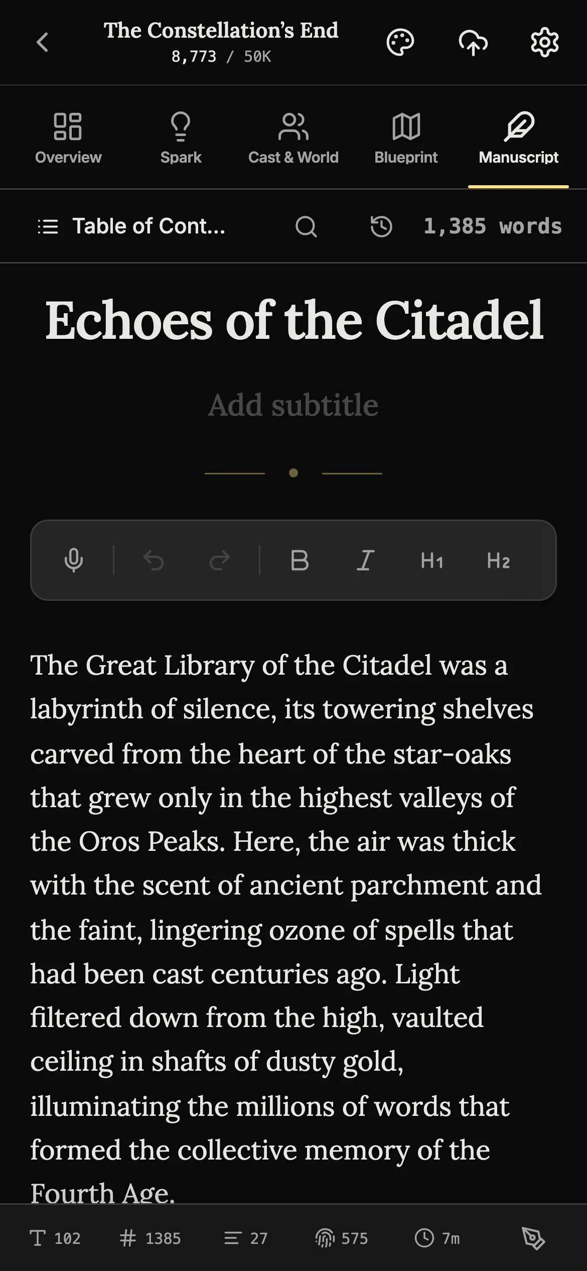 The manuscript editor on a phone showing the chapter Echoes of the Citadel, with a toolbar that starts with a microphone button, and the word counts along the bottom.