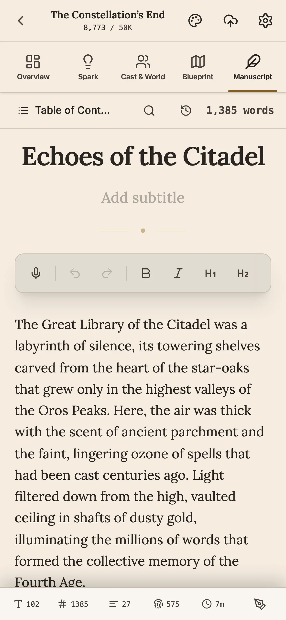 The manuscript editor on a phone showing the chapter Echoes of the Citadel, with a toolbar that starts with a microphone button, and the word counts along the bottom.