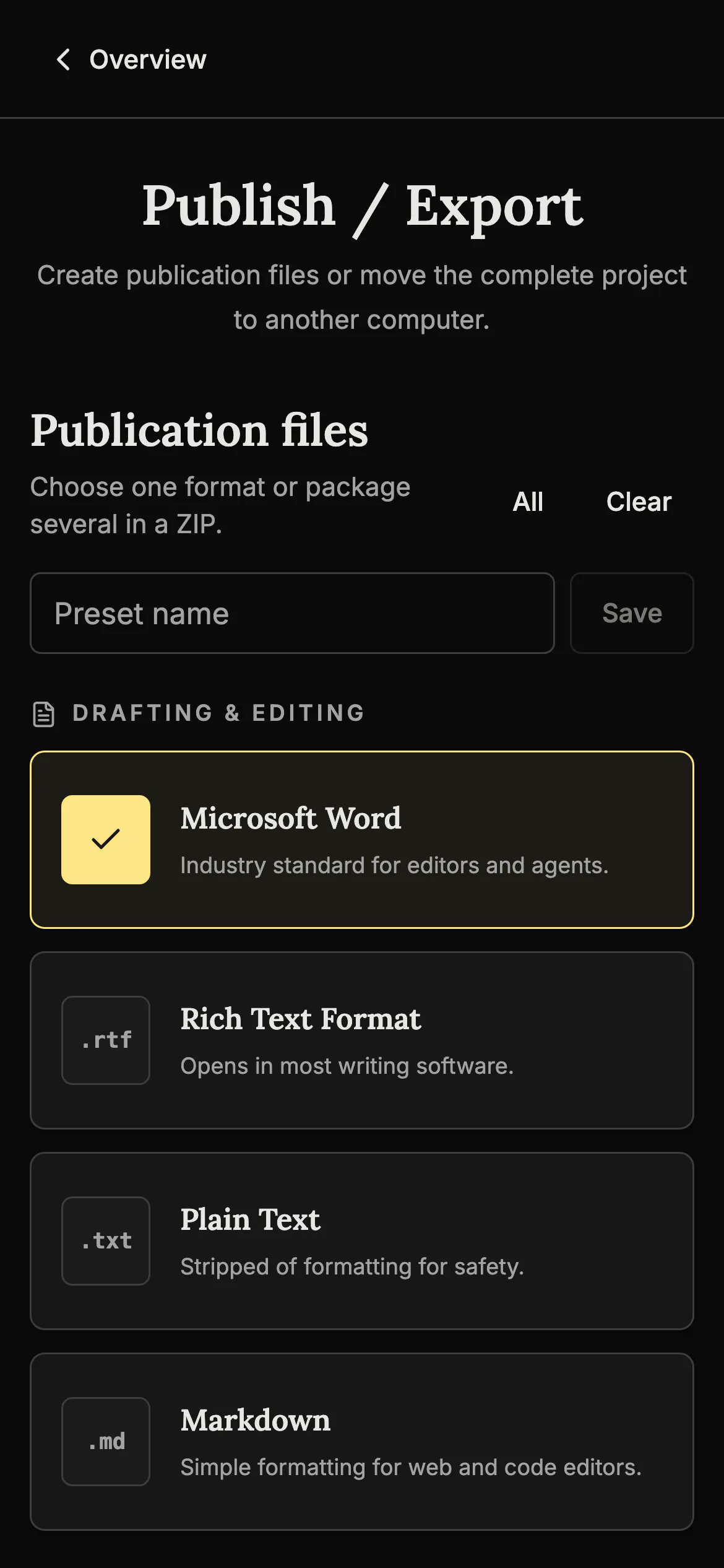 The Publish / Export screen on a phone with a preset name field and format cards for Microsoft Word, Rich Text Format, Plain Text and Markdown, with Word selected.