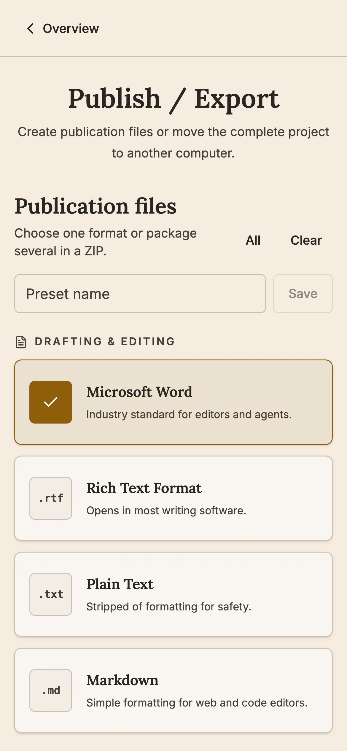 The Publish / Export screen on a phone with a preset name field and format cards for Microsoft Word, Rich Text Format, Plain Text and Markdown, with Word selected.