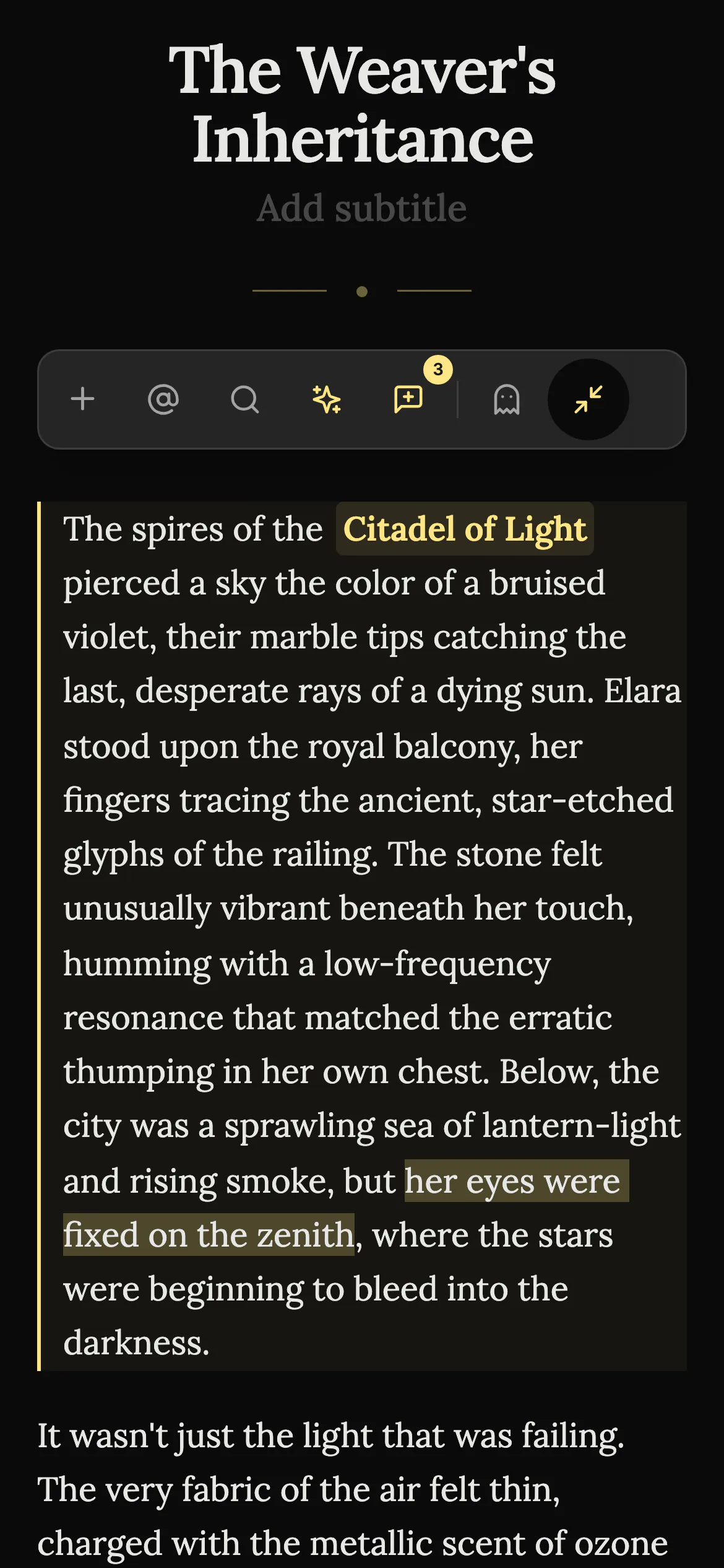 A chapter open in focus mode on a phone, with the chapter title, a row of tool buttons and the opening paragraph with the place name Citadel of Light highlighted.