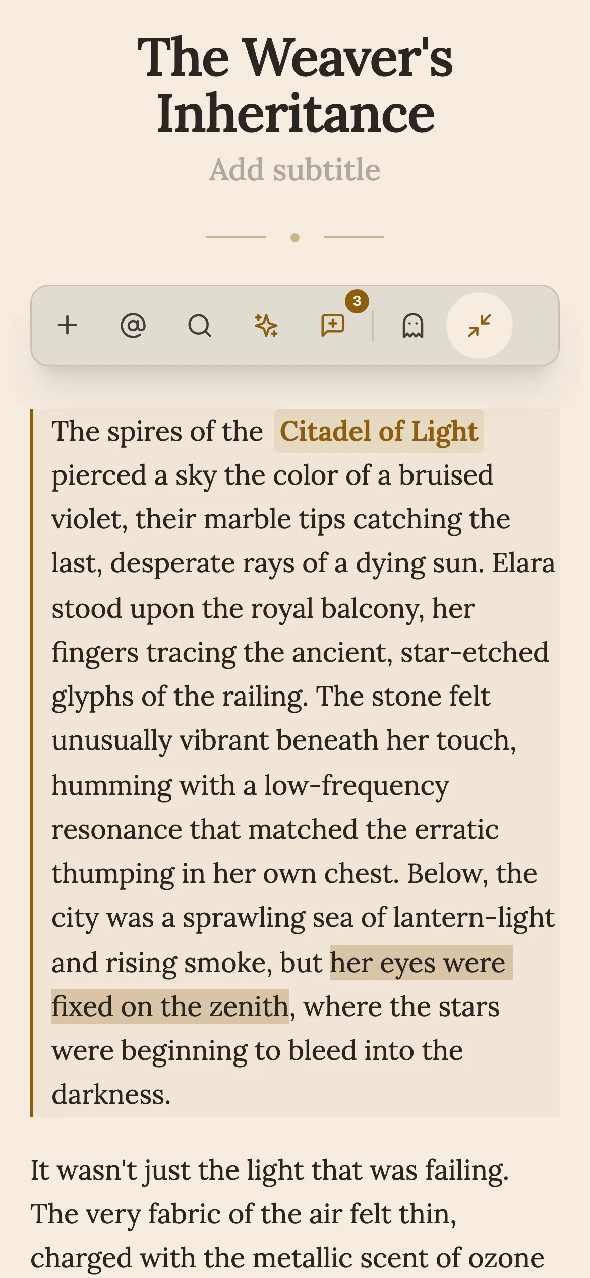 A chapter open in focus mode on a phone, with the chapter title, a row of tool buttons and the opening paragraph with the place name Citadel of Light highlighted.