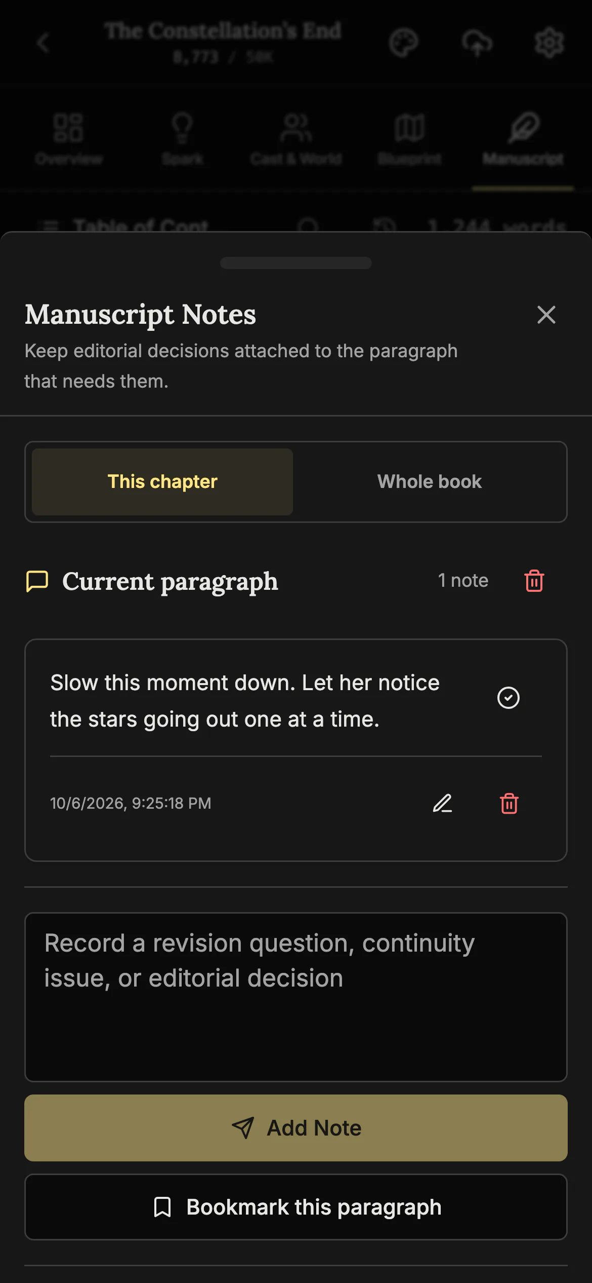The Manuscript Notes sheet on a phone showing one note on the current paragraph, a box to write another, and the Add Note and Bookmark this paragraph buttons.