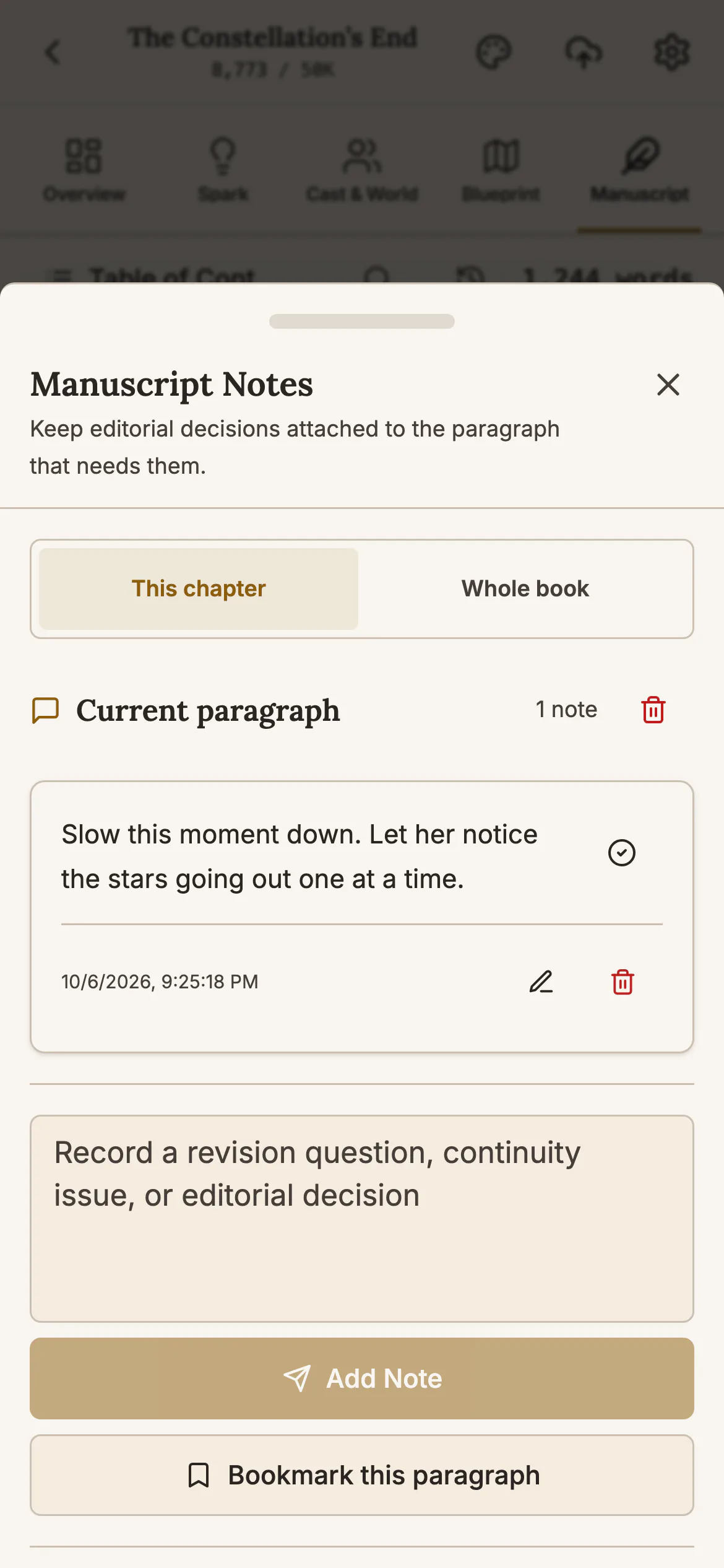 The Manuscript Notes sheet on a phone showing one note on the current paragraph, a box to write another, and the Add Note and Bookmark this paragraph buttons.