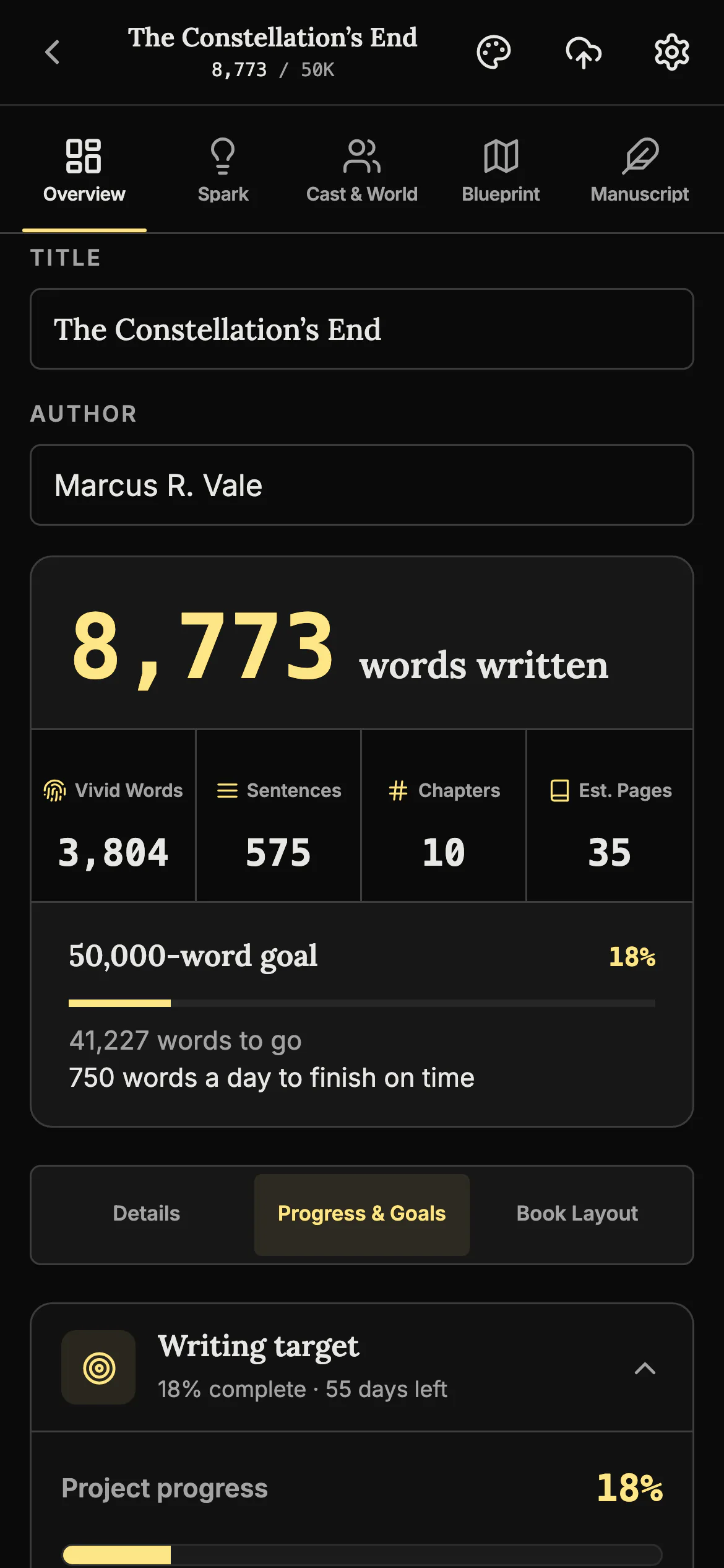 The Overview tab on a phone showing title and author fields, 8,773 words written, a 50,000-word goal at 18 percent and the line 750 words a day to finish on time.