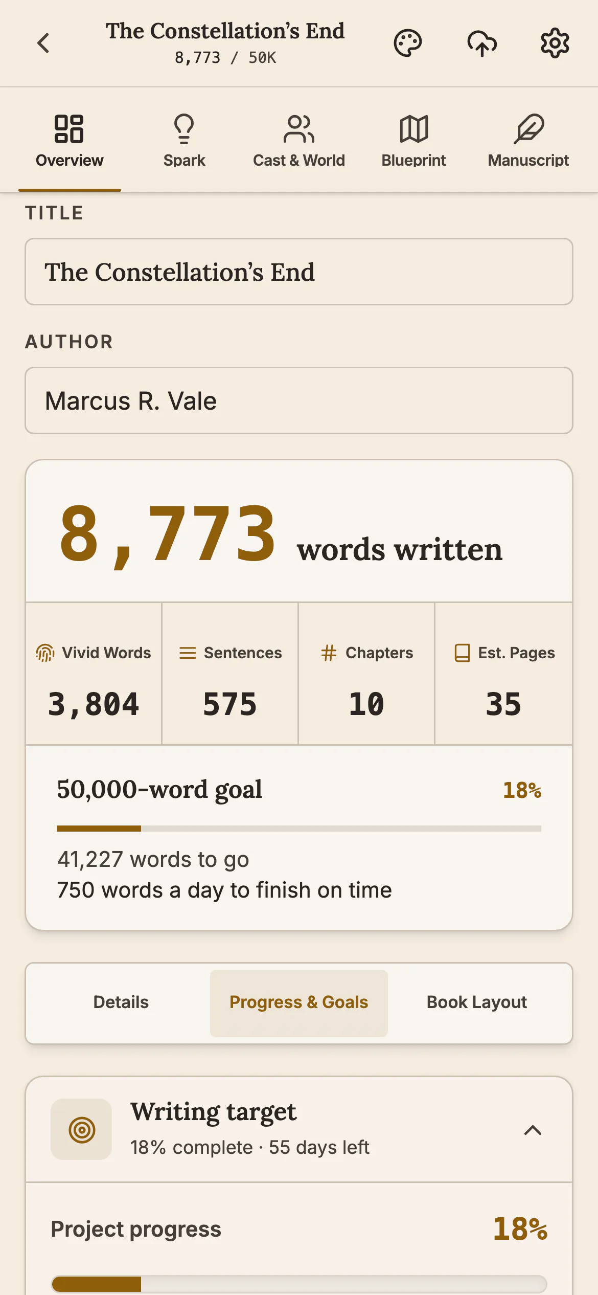 The Overview tab on a phone showing title and author fields, 8,773 words written, a 50,000-word goal at 18 percent and the line 750 words a day to finish on time.