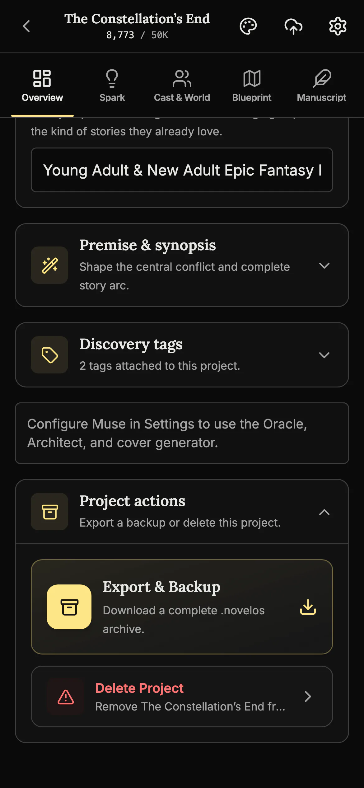 The Overview on a phone scrolled to Project actions, with an Export & Backup card that reads Download a complete .novelos archive, above Delete Project.