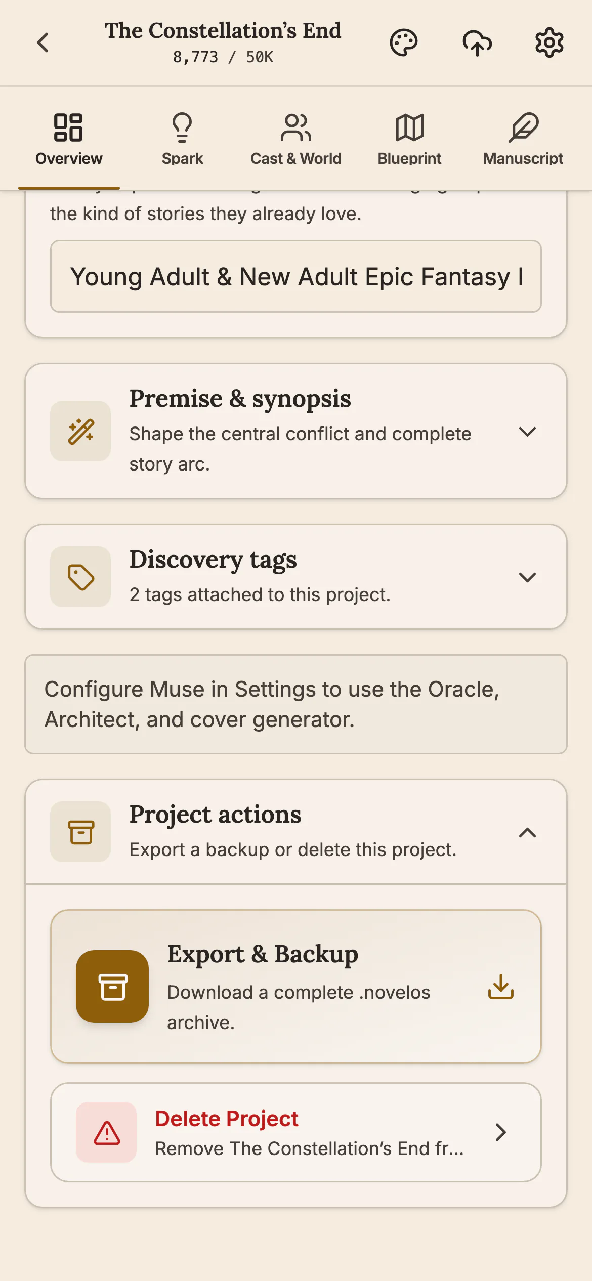 The Overview on a phone scrolled to Project actions, with an Export & Backup card that reads Download a complete .novelos archive, above Delete Project.