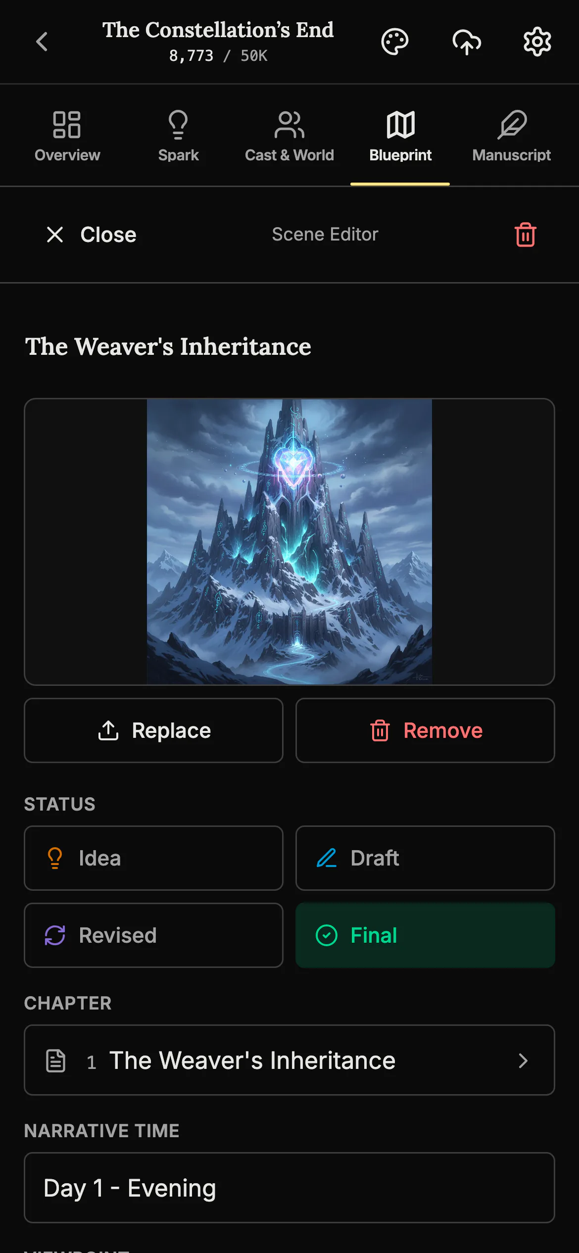 The Scene Editor on a phone showing the scene The Weaver's Inheritance with a picture of a mountain citadel, status buttons with Final selected, its chapter and narrative time.