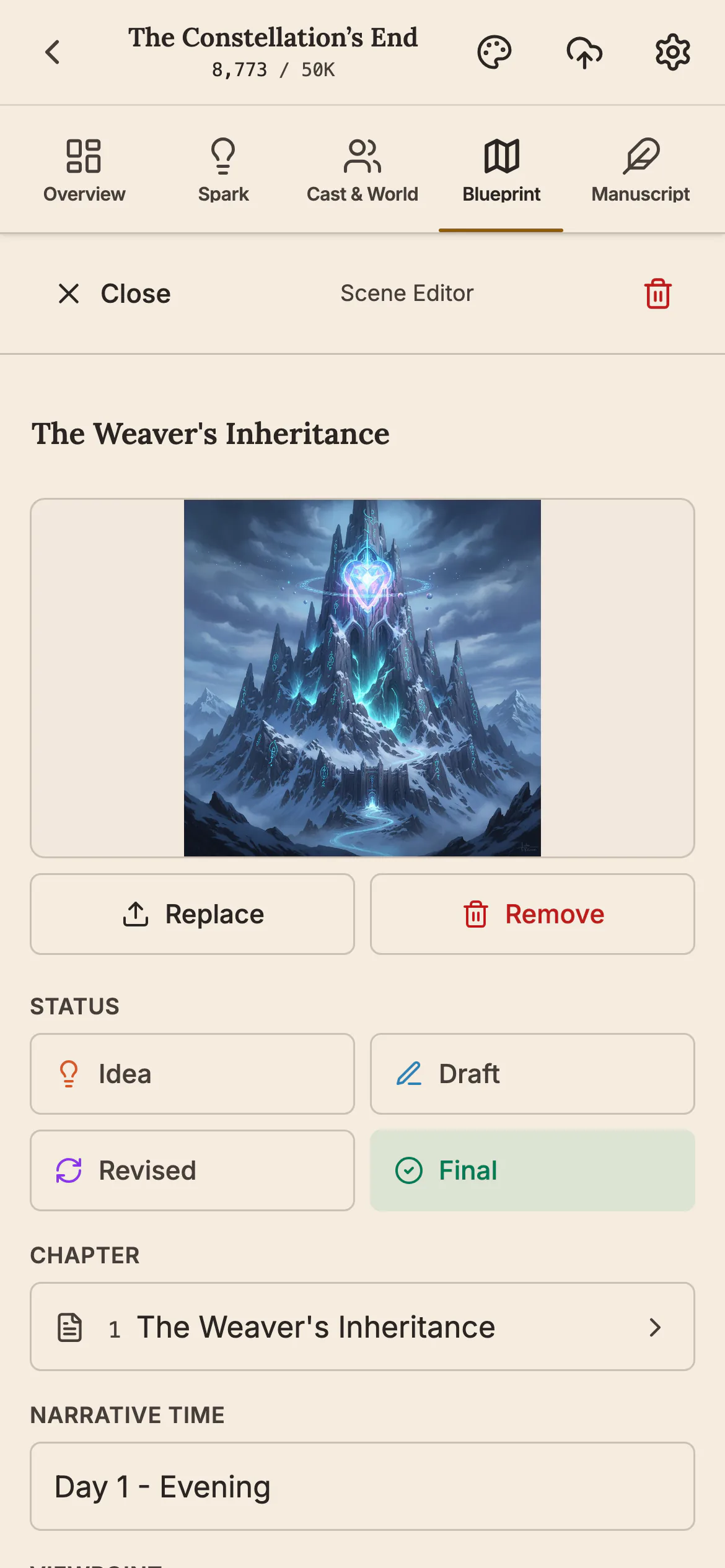 The Scene Editor on a phone showing the scene The Weaver's Inheritance with a picture of a mountain citadel, status buttons with Final selected, its chapter and narrative time.