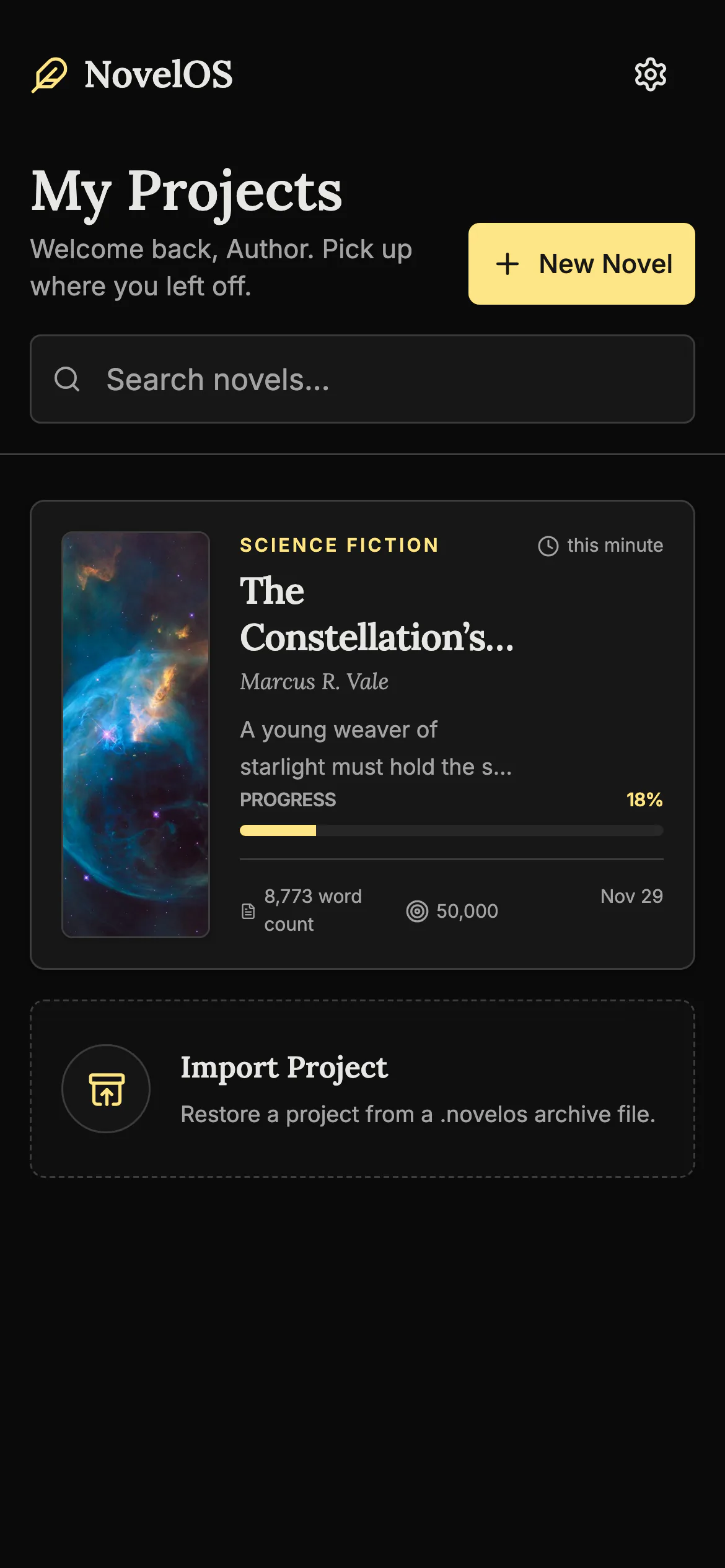 The phone app's My Projects screen with one book card showing a cover, genre, word count, goal and progress bar, above an Import Project card.
