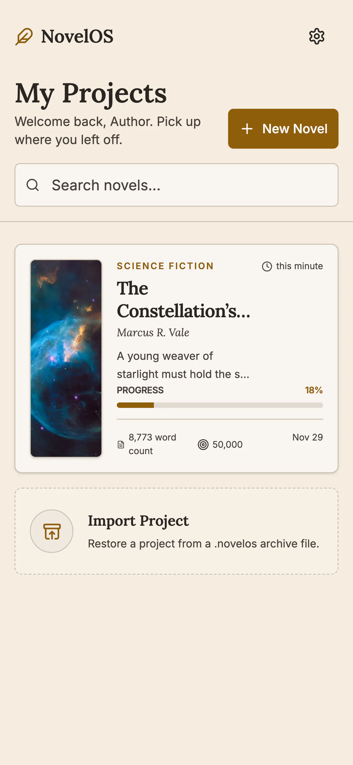 The phone app's My Projects screen with one book card showing a cover, genre, word count, goal and progress bar, above an Import Project card.