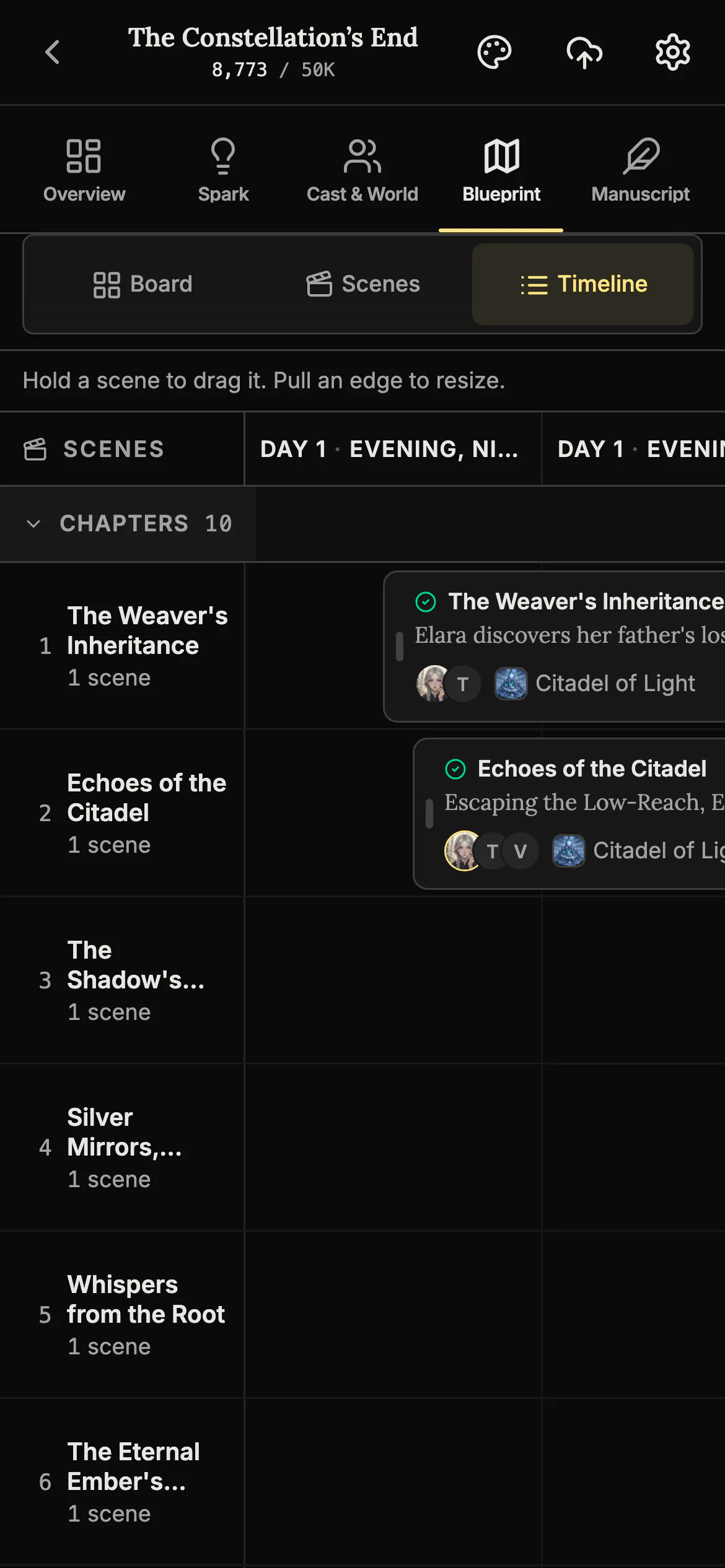 The Blueprint Timeline on a phone with the ten chapters down the left, one scene each, and the first two scene cards placed under day headings.