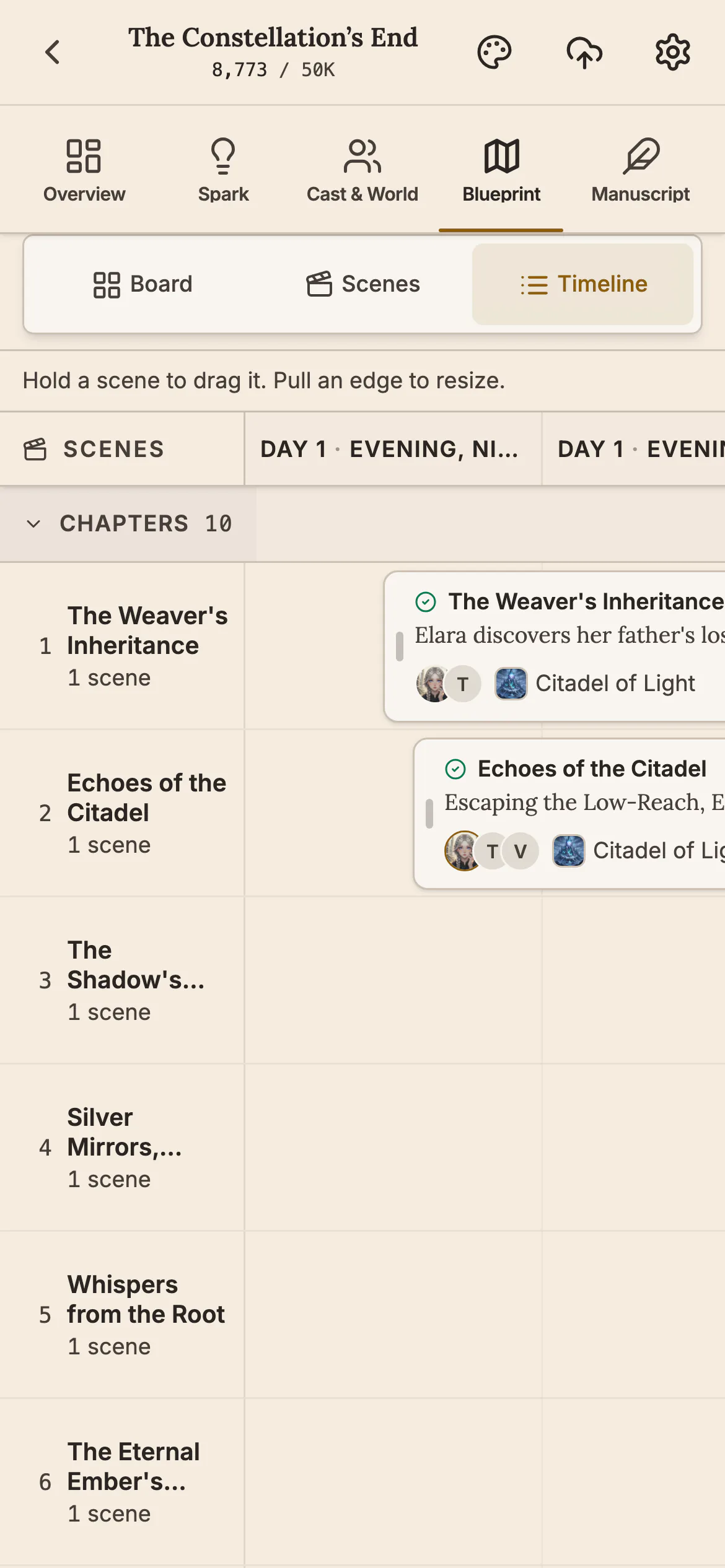 The Blueprint Timeline on a phone with the ten chapters down the left, one scene each, and the first two scene cards placed under day headings.