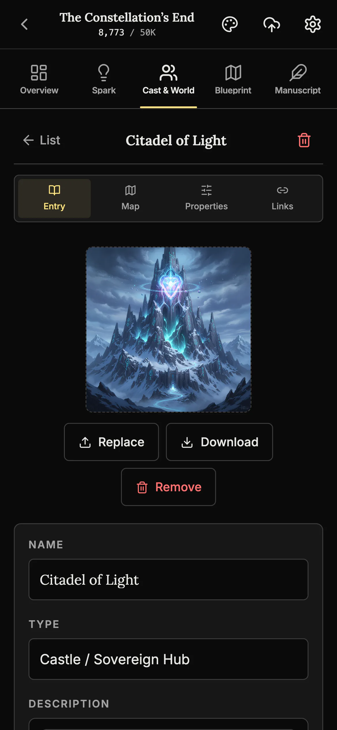The world entry Citadel of Light on a phone, with tabs for Entry, Map, Properties and Links, a picture of a mountain citadel and name and type fields.