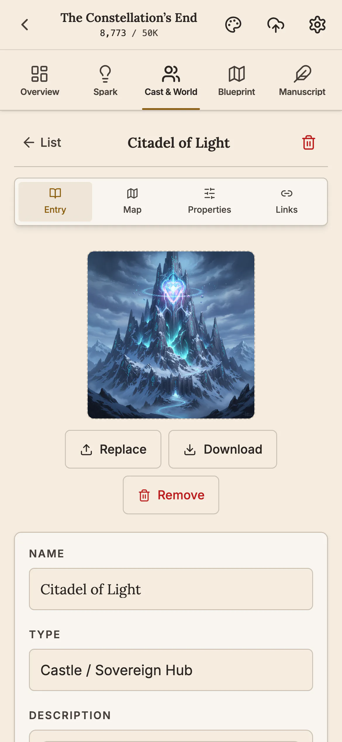 The world entry Citadel of Light on a phone, with tabs for Entry, Map, Properties and Links, a picture of a mountain citadel and name and type fields.