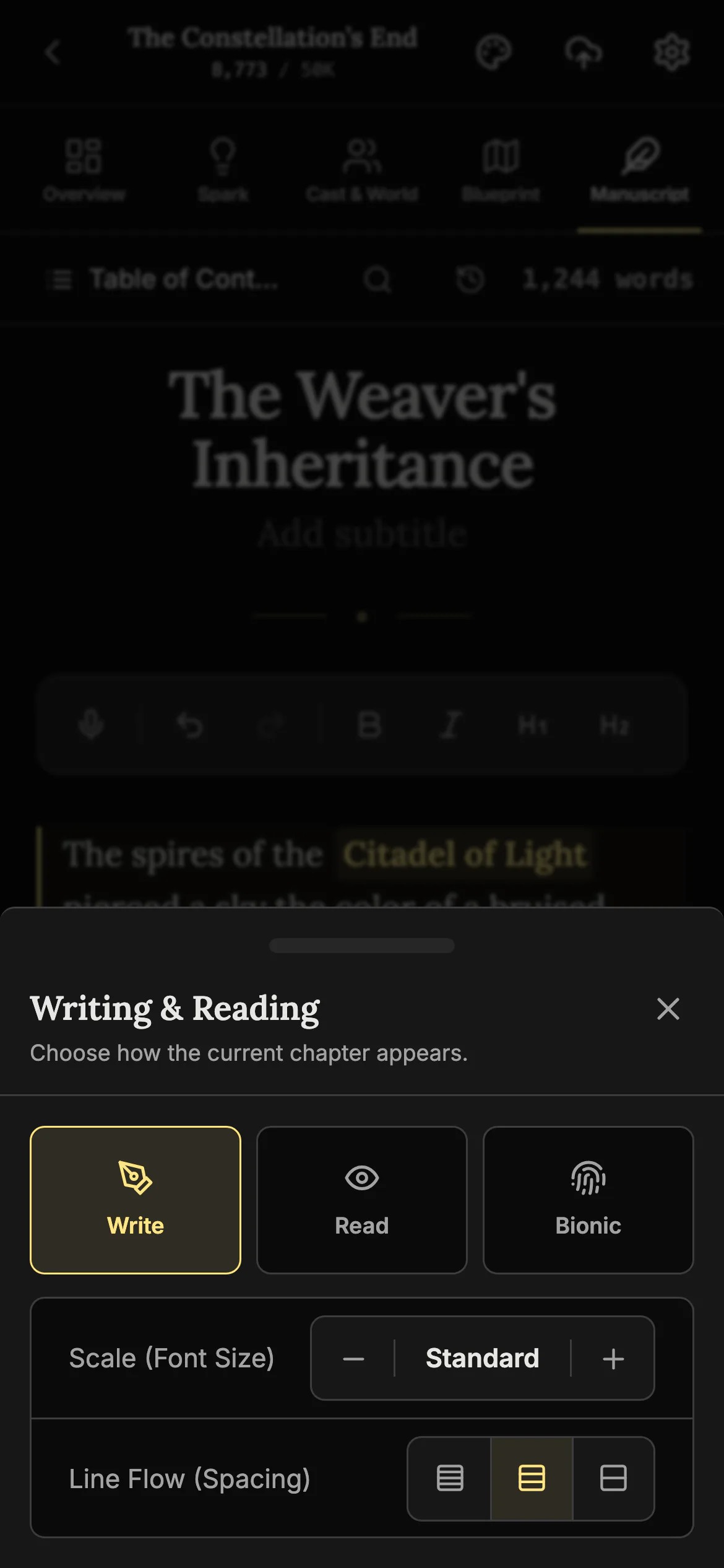 The Writing & Reading drawer open over a chapter on a phone, with Write, Read and Bionic buttons, a text size control set to Standard and three line spacing buttons.