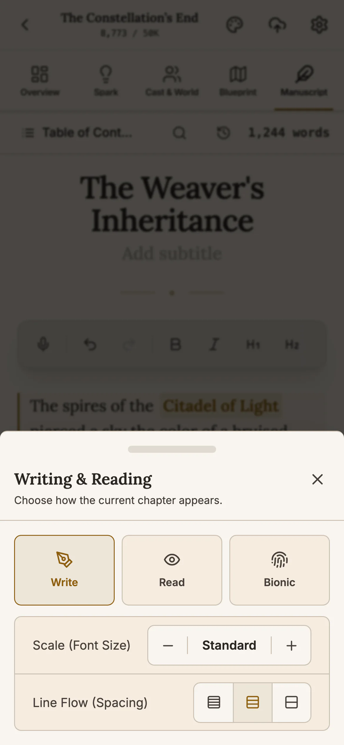 The Writing & Reading drawer open over a chapter on a phone, with Write, Read and Bionic buttons, a text size control set to Standard and three line spacing buttons.