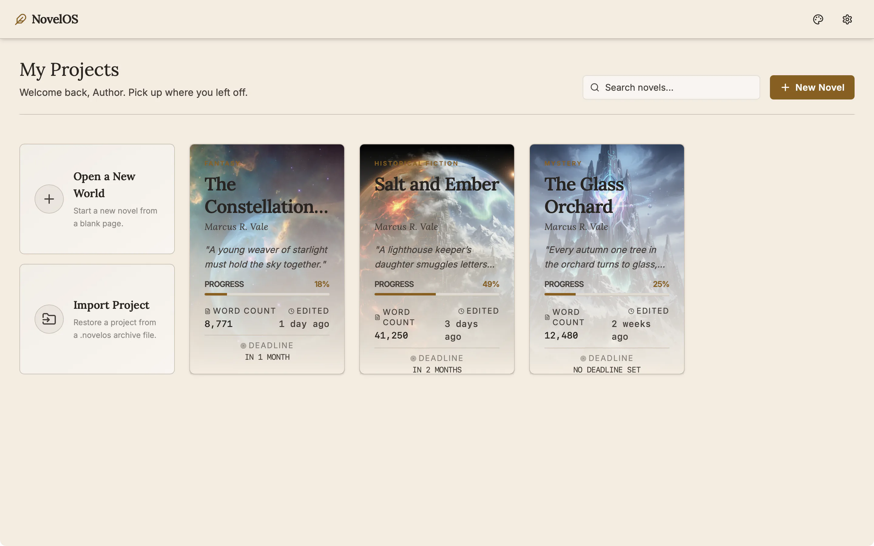 The Projects screen with three book cards showing cover, genre, word count and progress, beside the New Novel and Import Project cards.