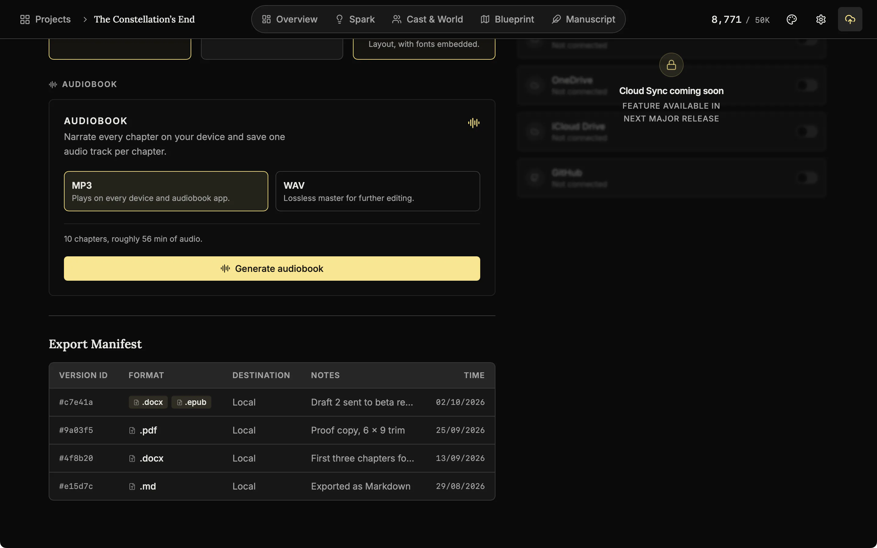 The Audiobook card on the Publish page with the MP3 and WAV choices.