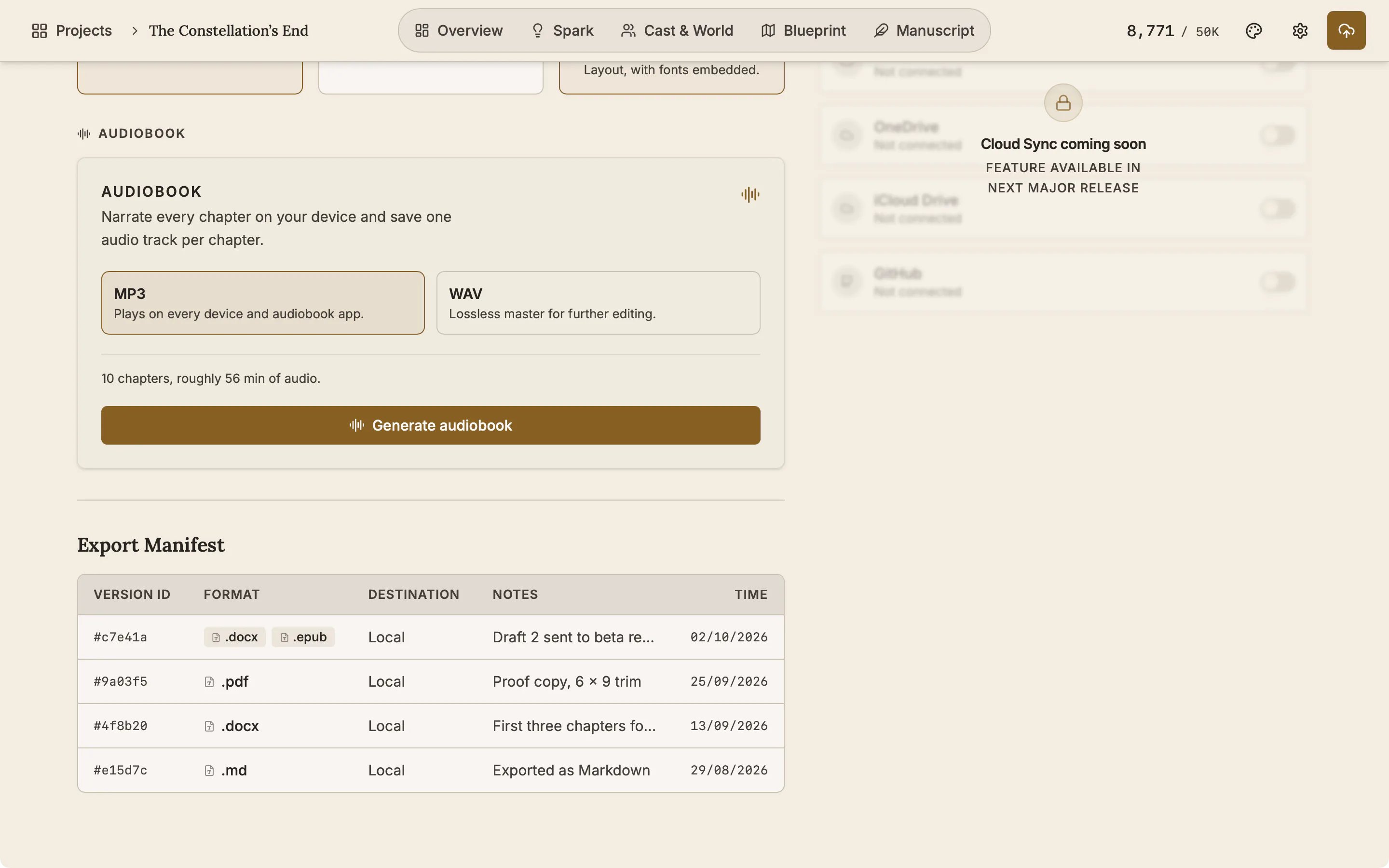 The Audiobook card on the Publish page with the MP3 and WAV choices.