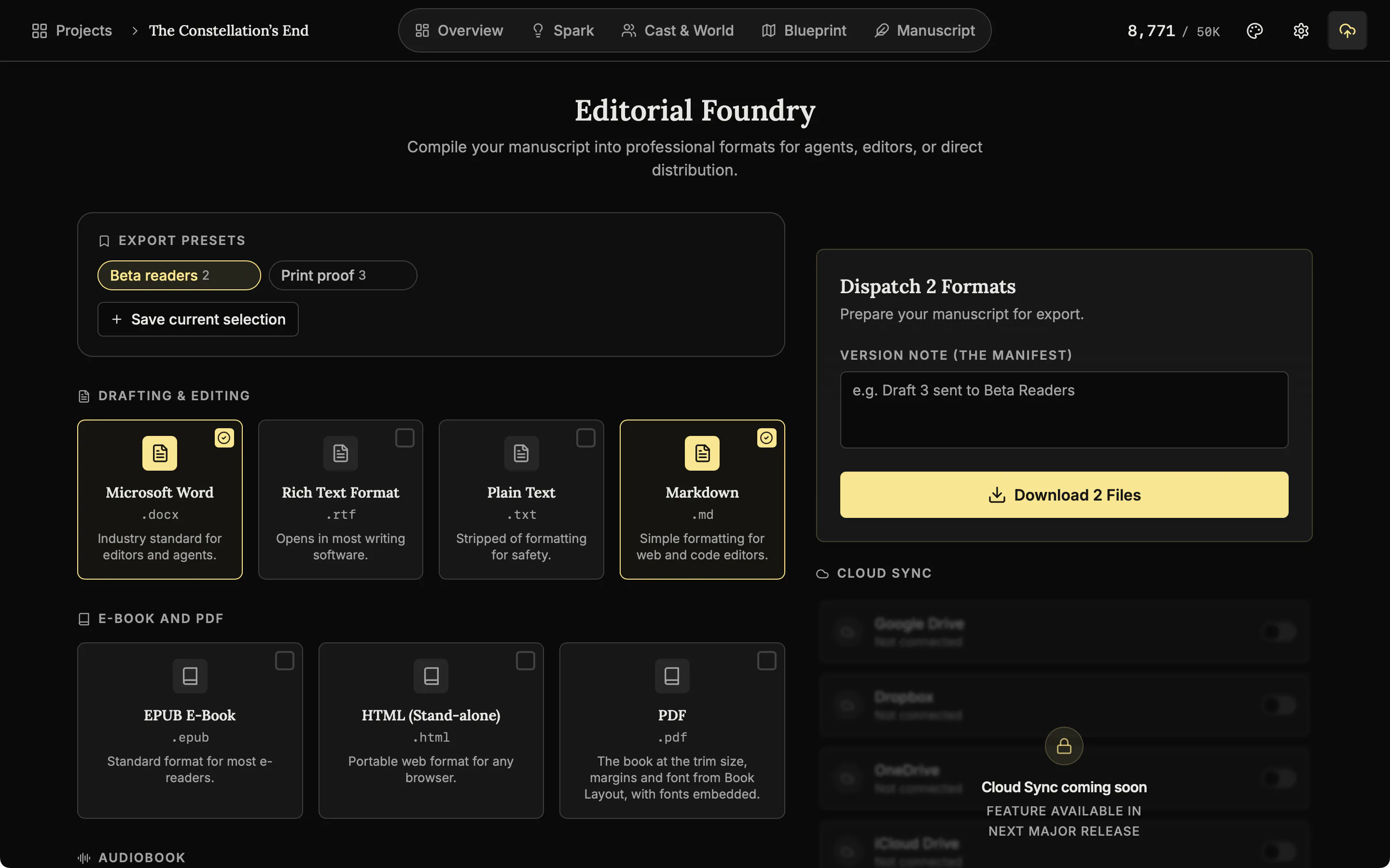 The Publish page with a named preset saved and applied, selecting its formats.