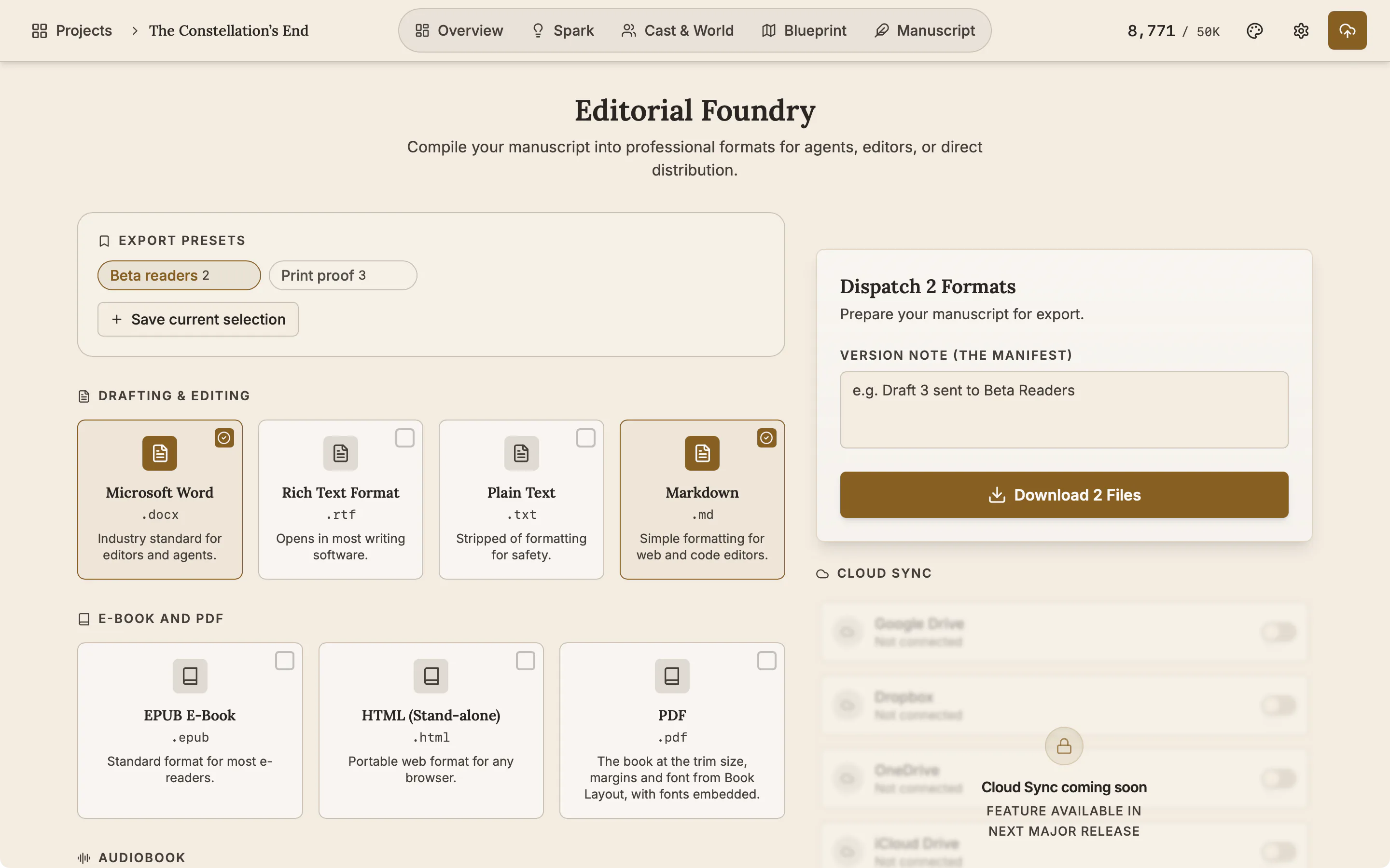 The Publish page with a named preset saved and applied, selecting its formats.