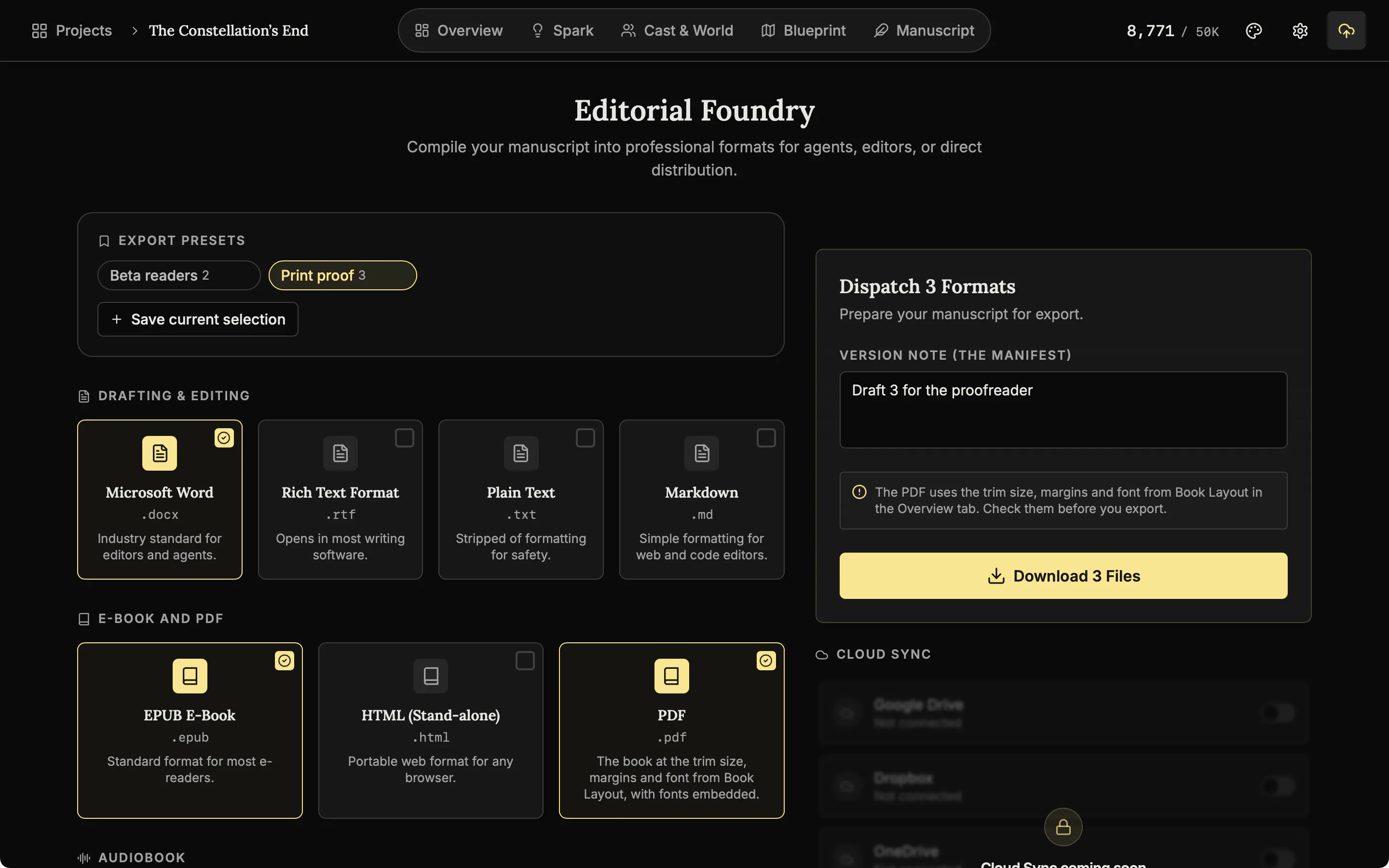 The export panel with a version note typed in above the export button.