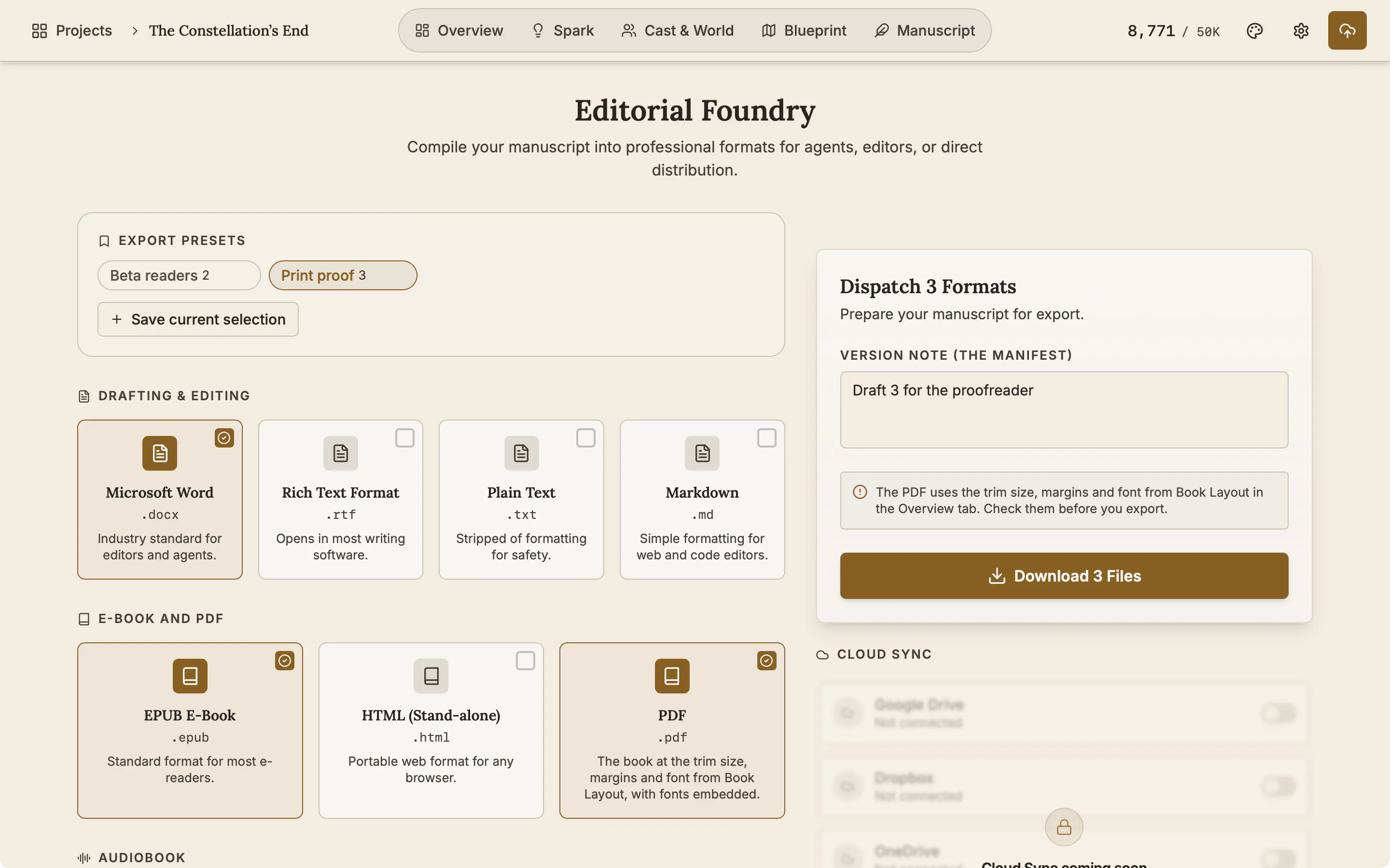 The export panel with a version note typed in above the export button.