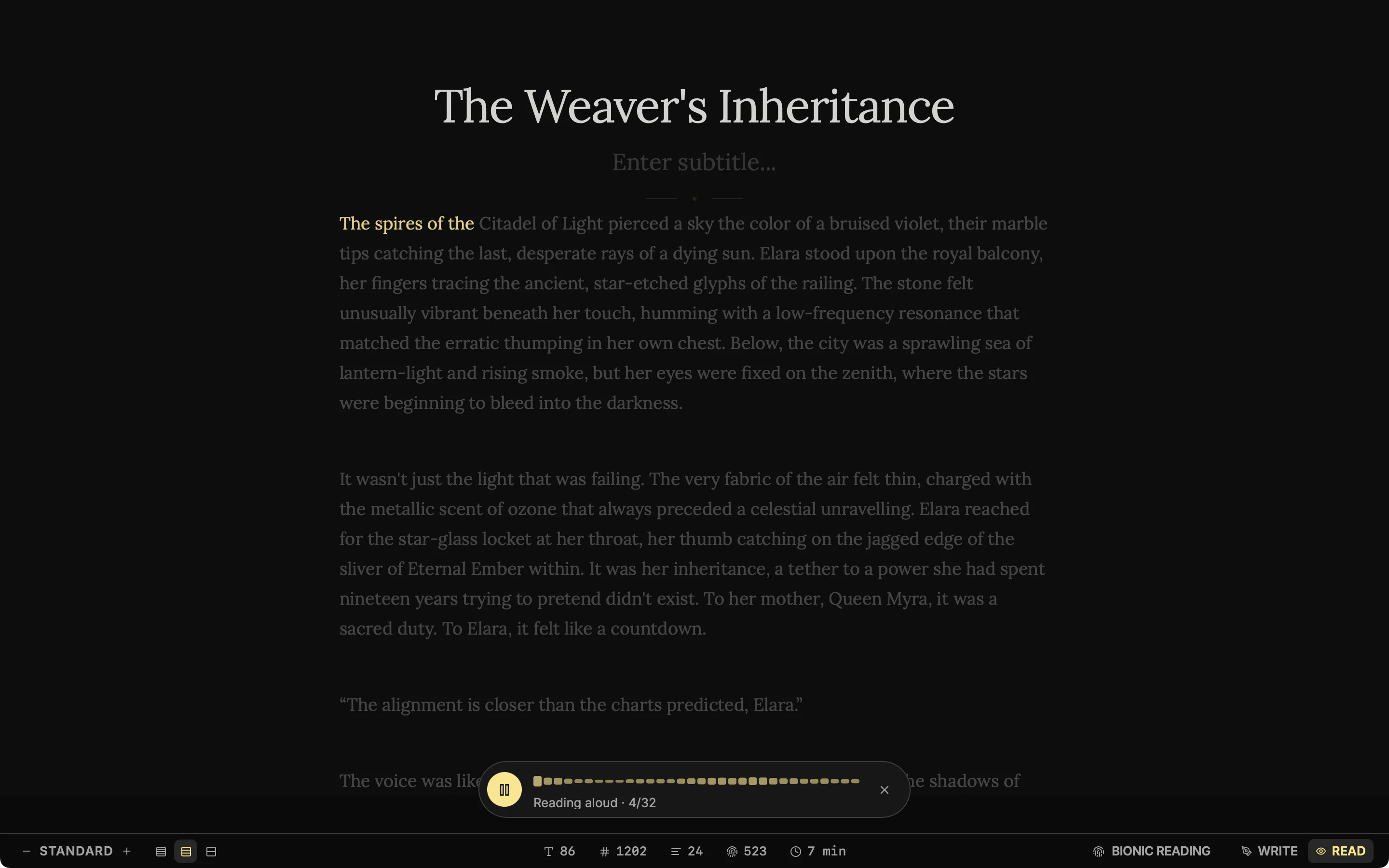 A chapter in Read mode being read aloud: the player bar is running, the spoken word is highlighted and the rest of the text is dimmed.