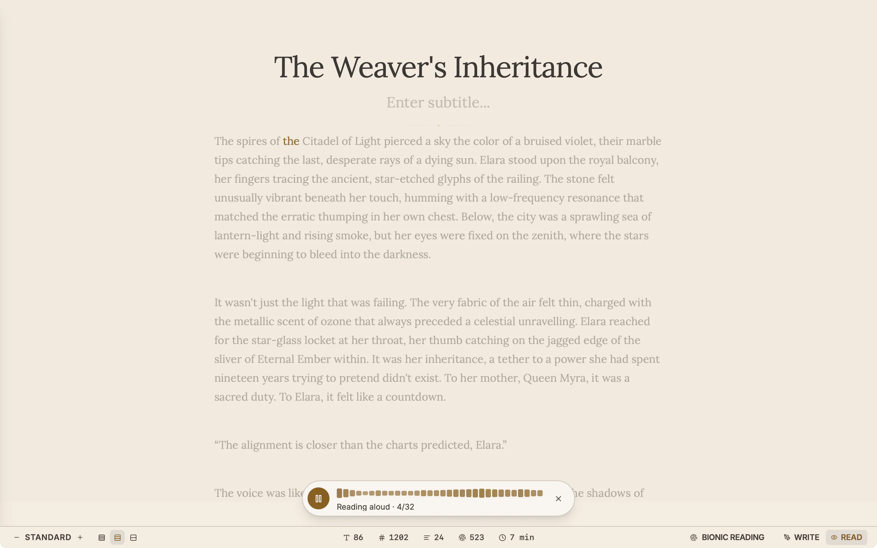 A chapter in Read mode being read aloud: the player bar is running, the spoken word is highlighted and the rest of the text is dimmed.