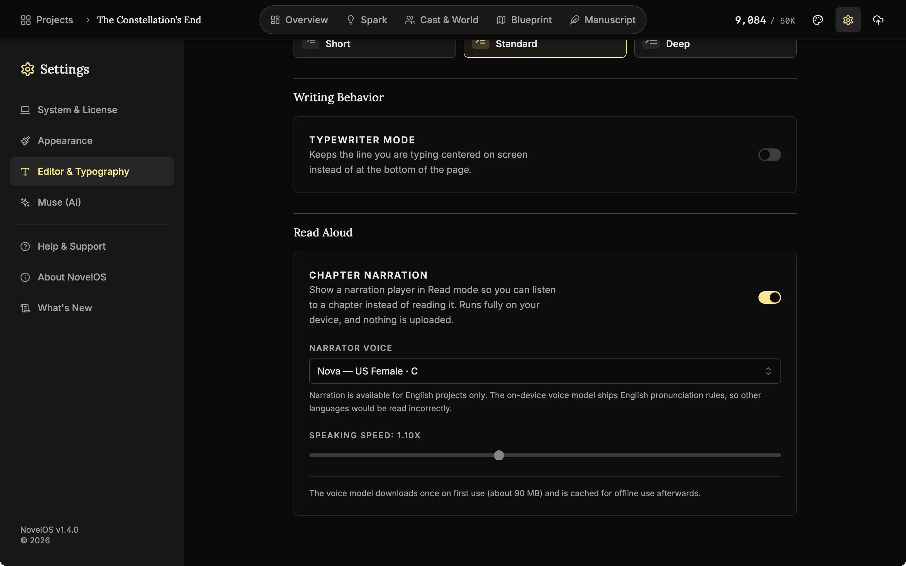 The Read Aloud section of Settings with the Chapter narration switch on, the narrator voice set to Nova, a speaking speed slider at 1.10x and a note that the voice model downloads once.