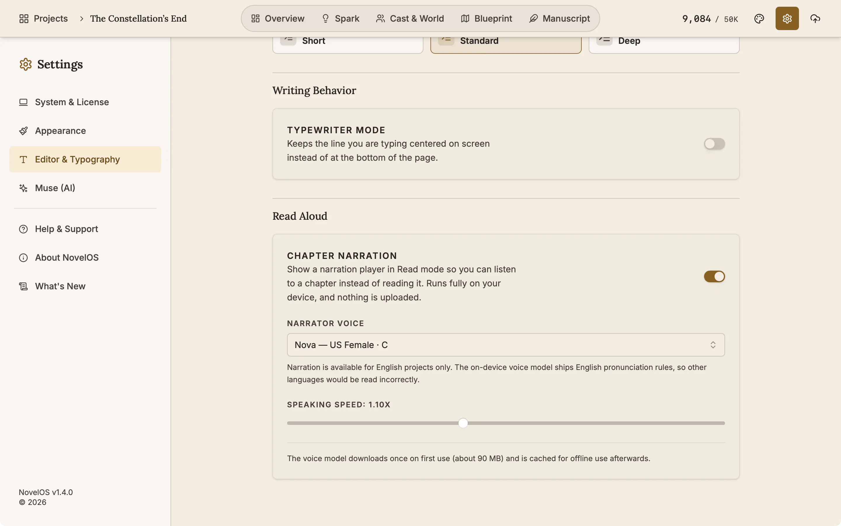 The Read Aloud section of Settings with the Chapter narration switch on, the narrator voice set to Nova, a speaking speed slider at 1.10x and a note that the voice model downloads once.