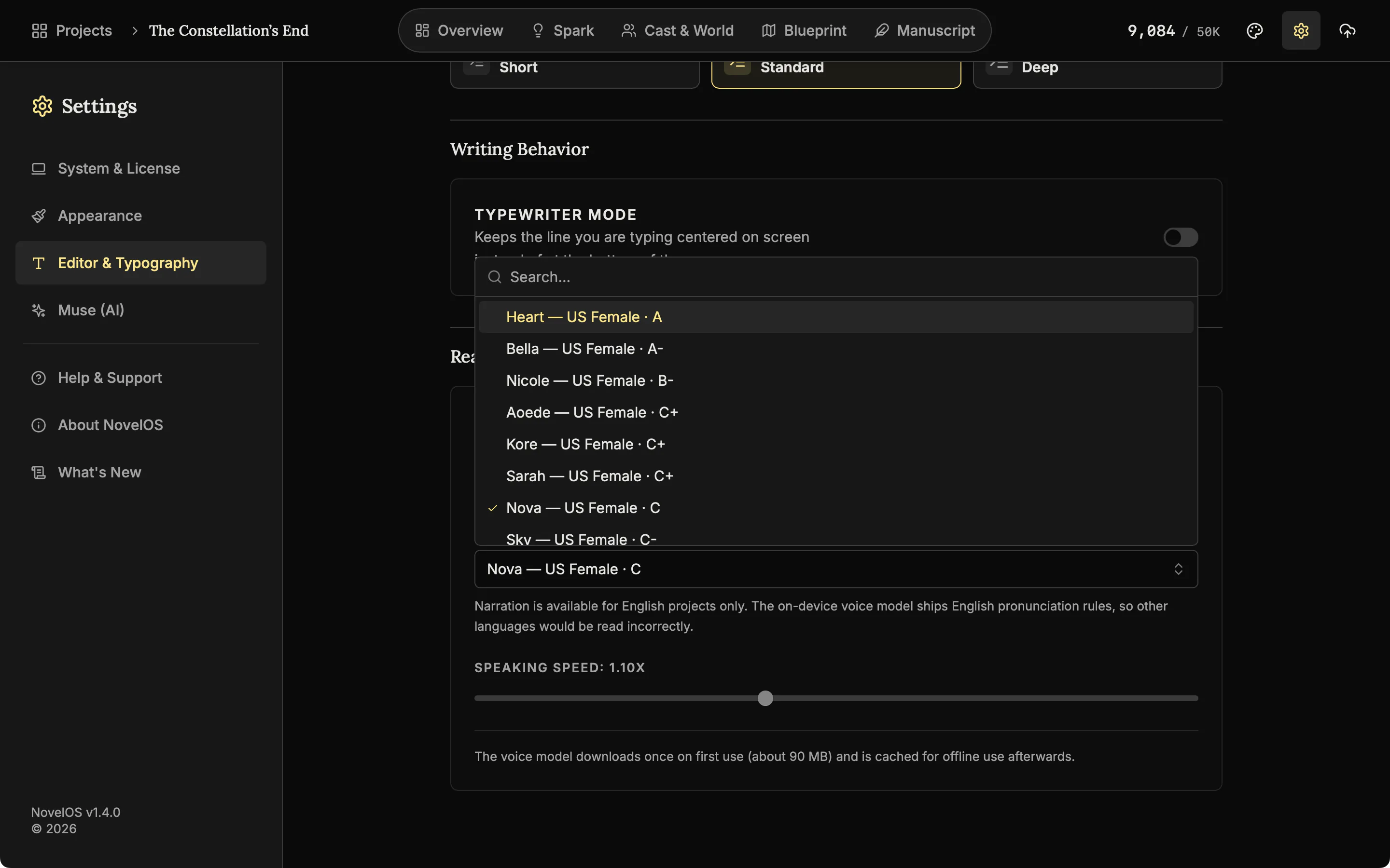 The narrator voice list open in Settings with a search box and voices such as Heart, Bella, Nicole and Nova, each marked US Female, with Nova ticked.