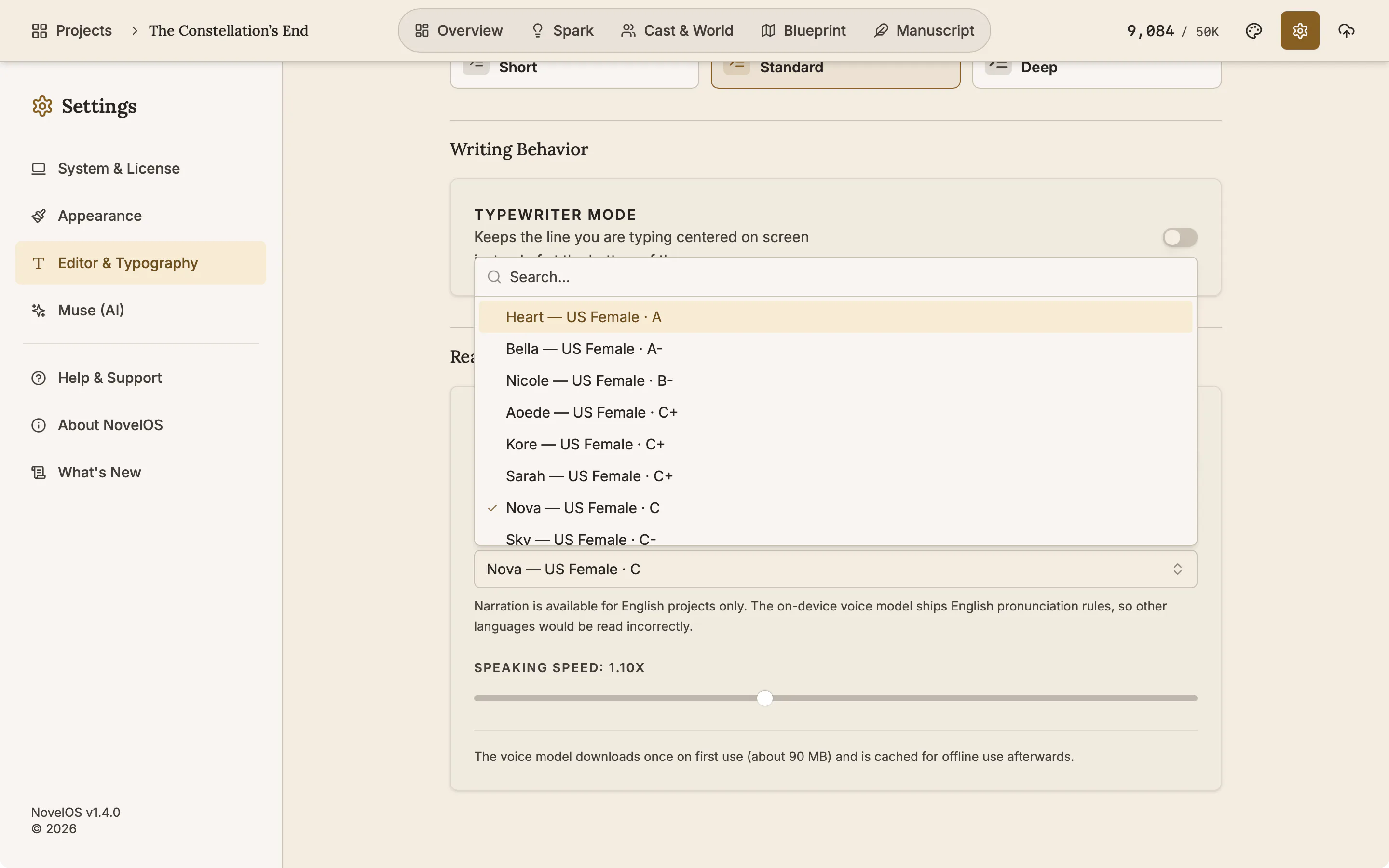 The narrator voice list open in Settings with a search box and voices such as Heart, Bella, Nicole and Nova, each marked US Female, with Nova ticked.
