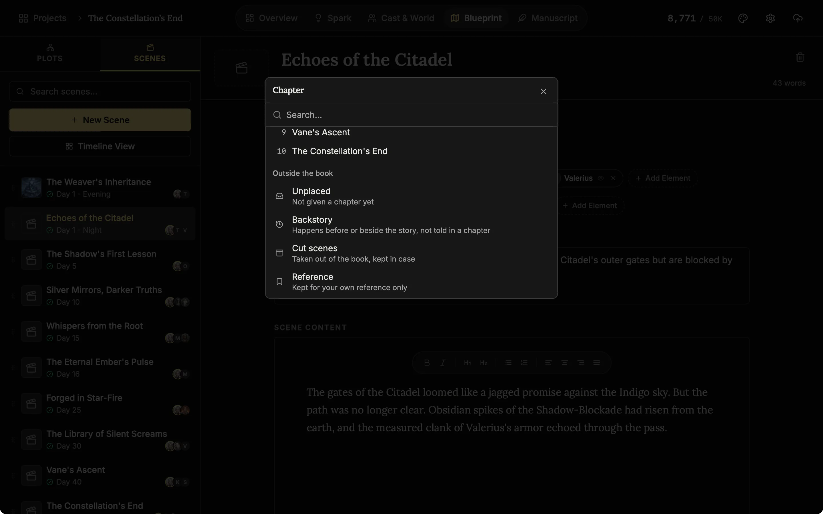 The chapter picker of a scene listing the chapters of the book and the Outside the book group with Unplaced, Backstory, Cut scenes and Reference.